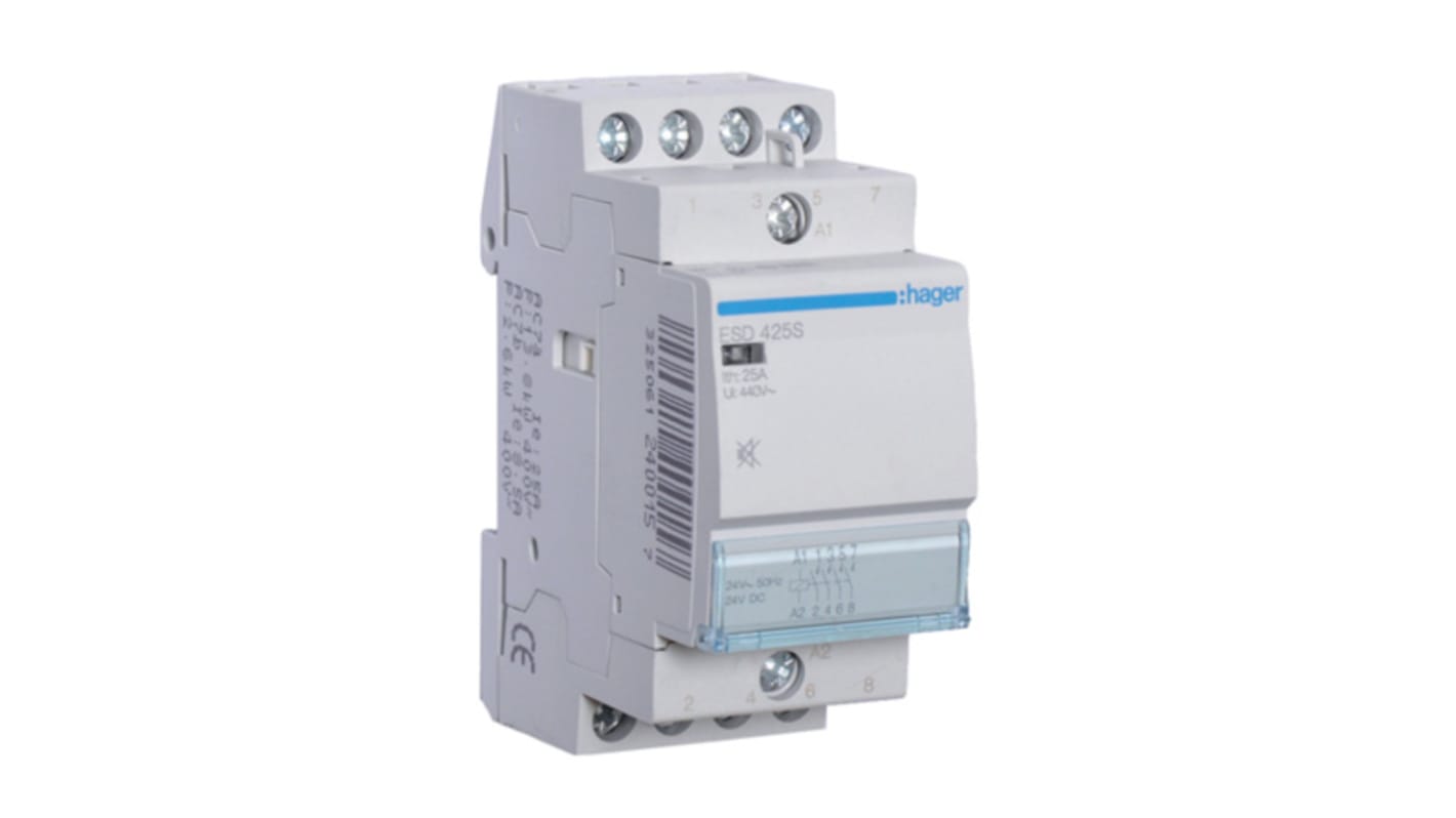Contattore Hager ESD425S, 4 poli, 25 A, tensione bobina 24 V c.a., montaggio su guida DIN, conforme a RoHS.