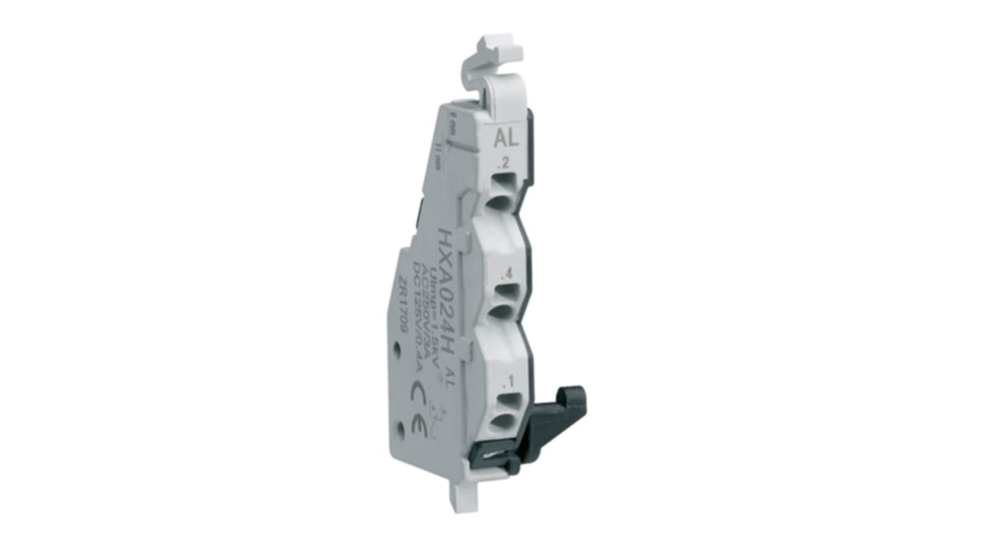 Contatto ausiliario Hager HXA024H, 2 contatti (1 N/C + 1 N/A), montaggio a innesto, tensione nominale 230 V ca. Compatibile con interruttori Hager x160 e x250.