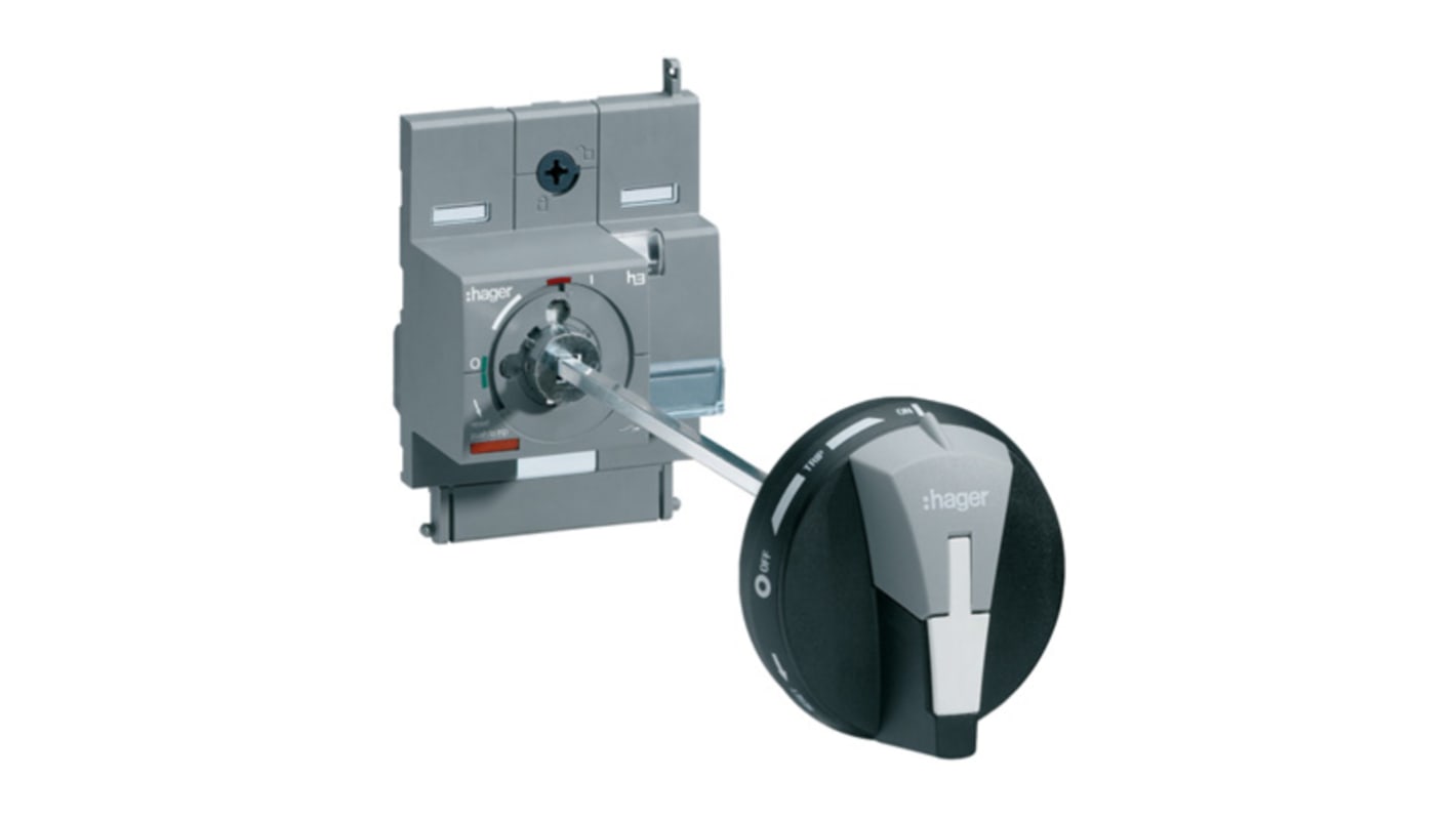 Manopola rotante Hager HXA031H per montaggio a pannello, grado di protezione IP55, completa di albero e maniglia, compatibile con interruttori automatici Hager x160.