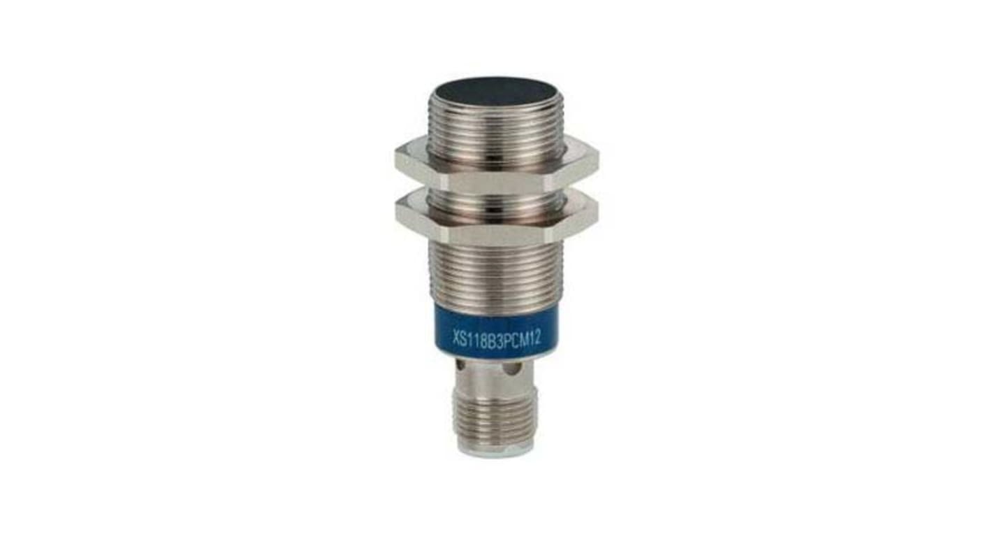 Sensore di prossimità cilindrico PNP Telemecanique Sensors XS118B3PCM12, M18 x 1, rilevamento 8 mm, alimentazione 12-24 V cc, grado di protezione IP65/IP67/IP69K.