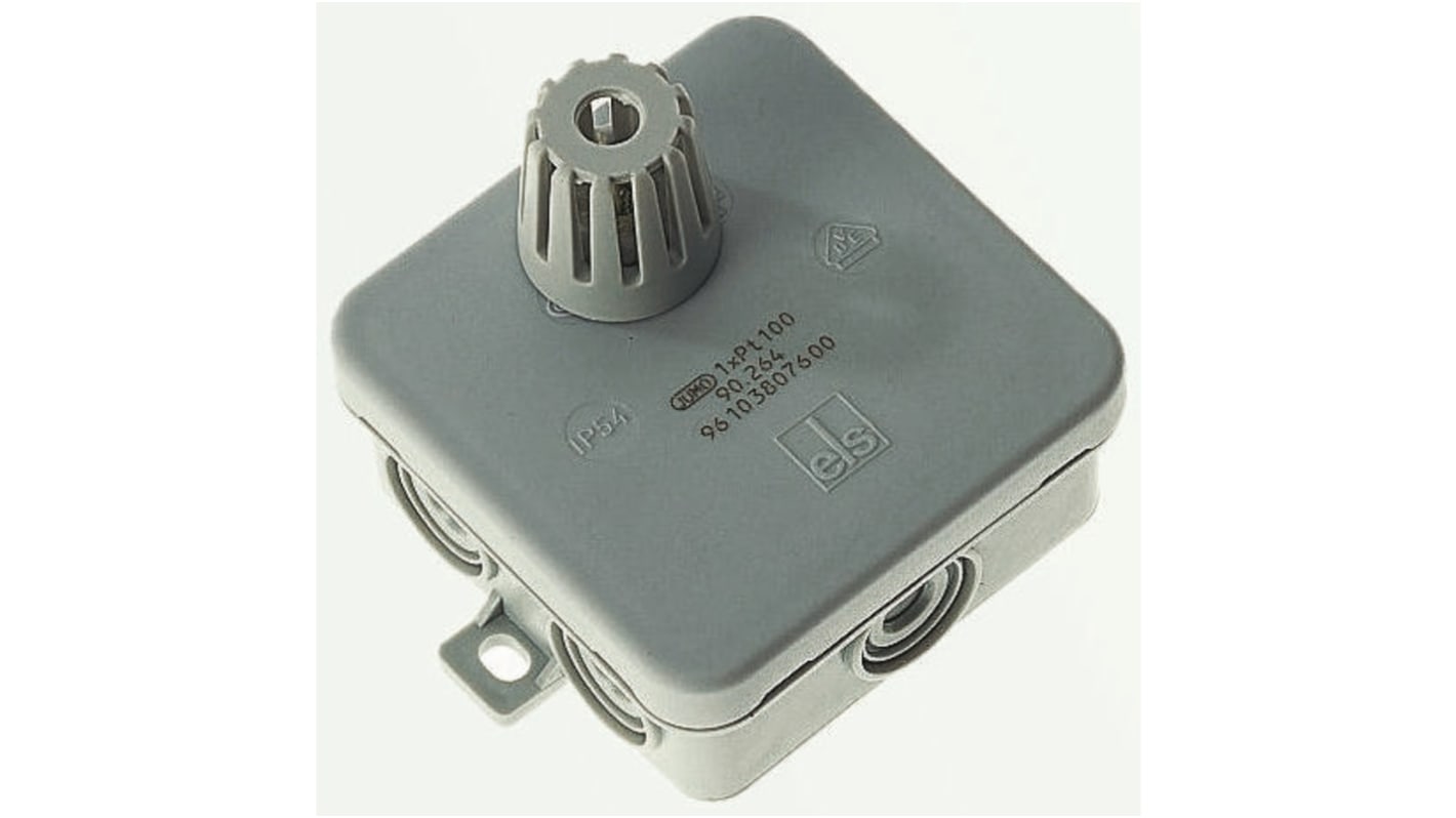 Sensore di temperatura Jumo PT100, codice 902520/11-635-1003-1/000, montaggio a parete, protezione IP54, dimensioni 75 x 75 x 65 mm.