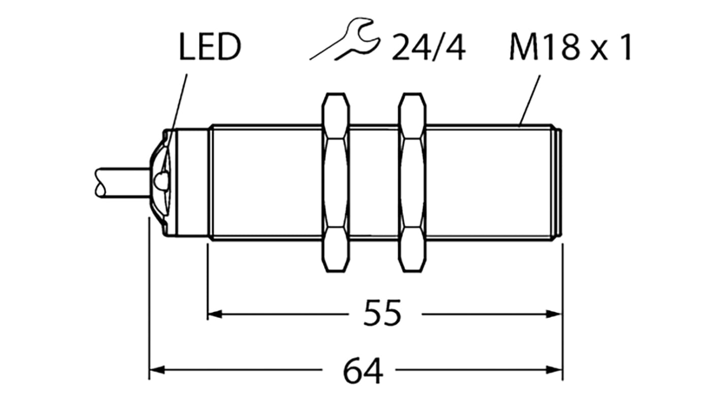 Sensore di prossimità cilindrico PNP M18 Turck RU50U-S18-AP8X, rilevamento da 50 a 500 mm, grado di protezione IP67.