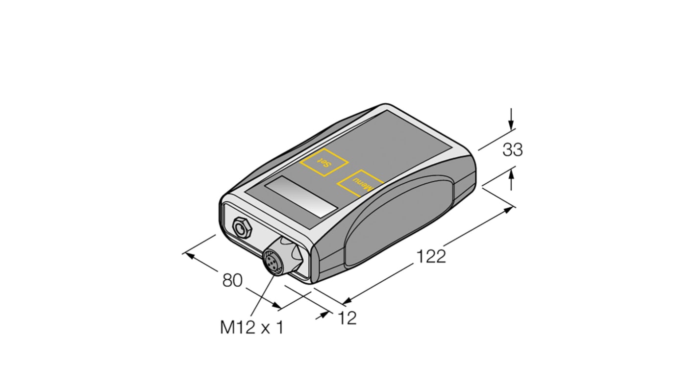 Utensile di programmazione Turck TB4 per sensori, con display illuminato e alimentazione a batteria. Configurazione senza tensione.