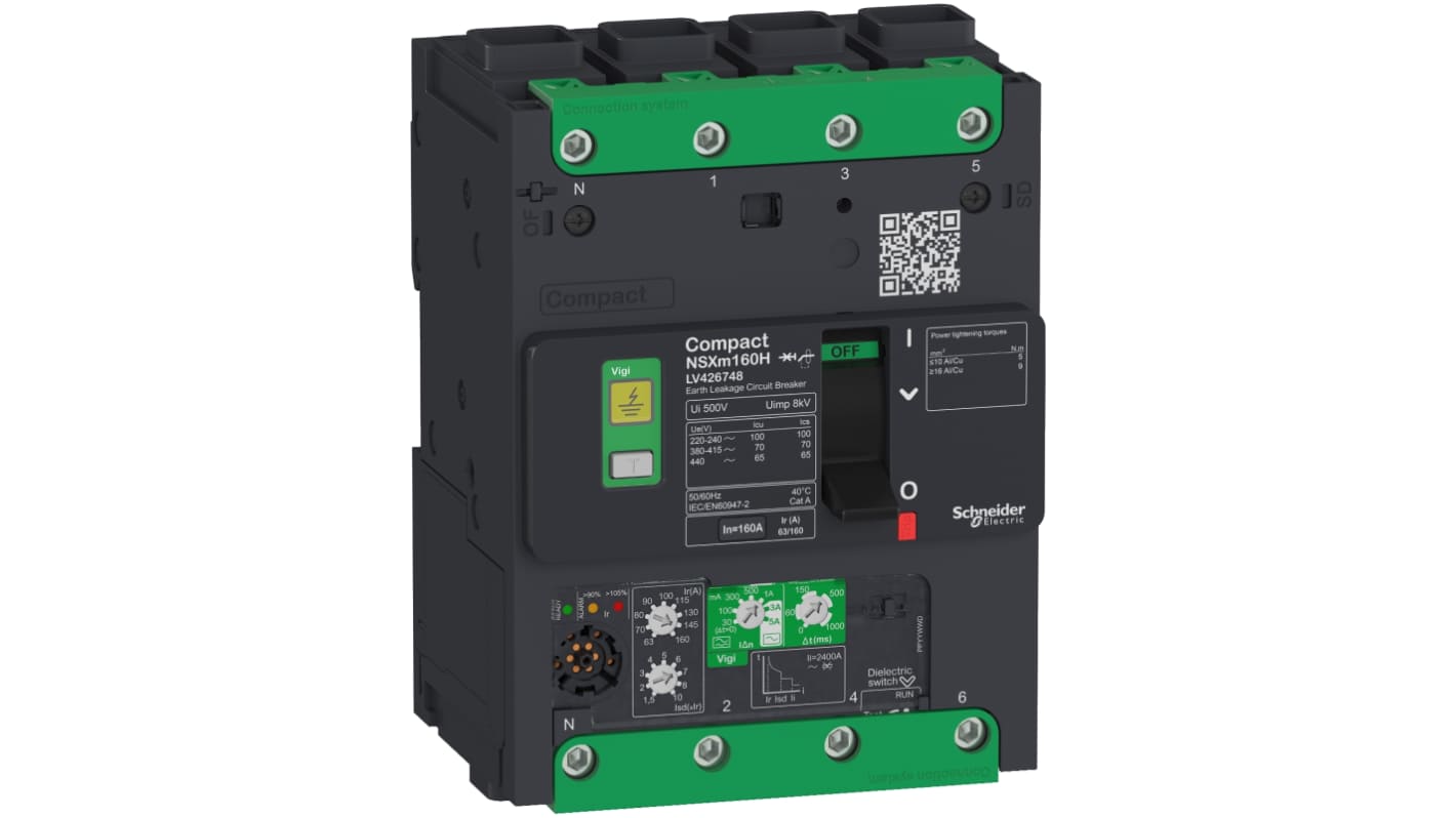 Interruttore magnetotermico Schneider Electric, 4 poli, 160A, montaggio su guida DIN, dimensioni 108x144x80mm.