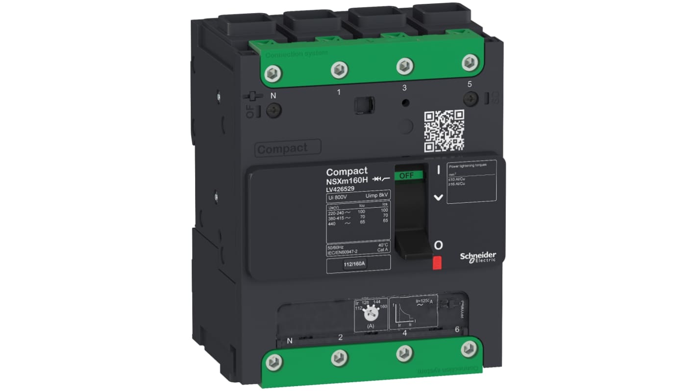 Interruttore magnetotermico scatolato Schneider Electric, 4 poli, 63A, 690V, montaggio su guida DIN, dimensioni 108x80x137mm.