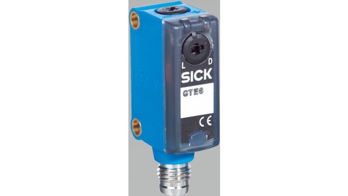 Sensore fotoelettrico rettangolare Sick GTB6-P4211, rilevamento 5-250 mm, uscita PNP, montaggio a pannello, IP67.