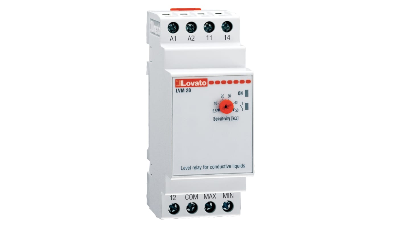 Relè di monitoraggio livello Lovato LVM20A240, contatto SPDT, sensibilità 2,5-50 kOhm, dimensioni 35,8 x 64,9 x 104,7 mm, montaggio DIN.