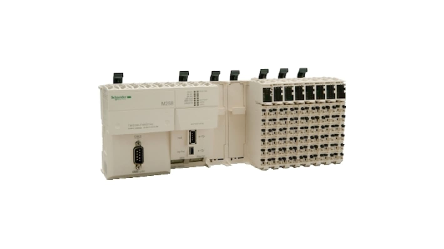 CPU PLC Schneider Electric TM258LF66DT4L per servoazionamento, tensione 115/230V, potenza 0,5/1kW, temperatura 0-50°C.