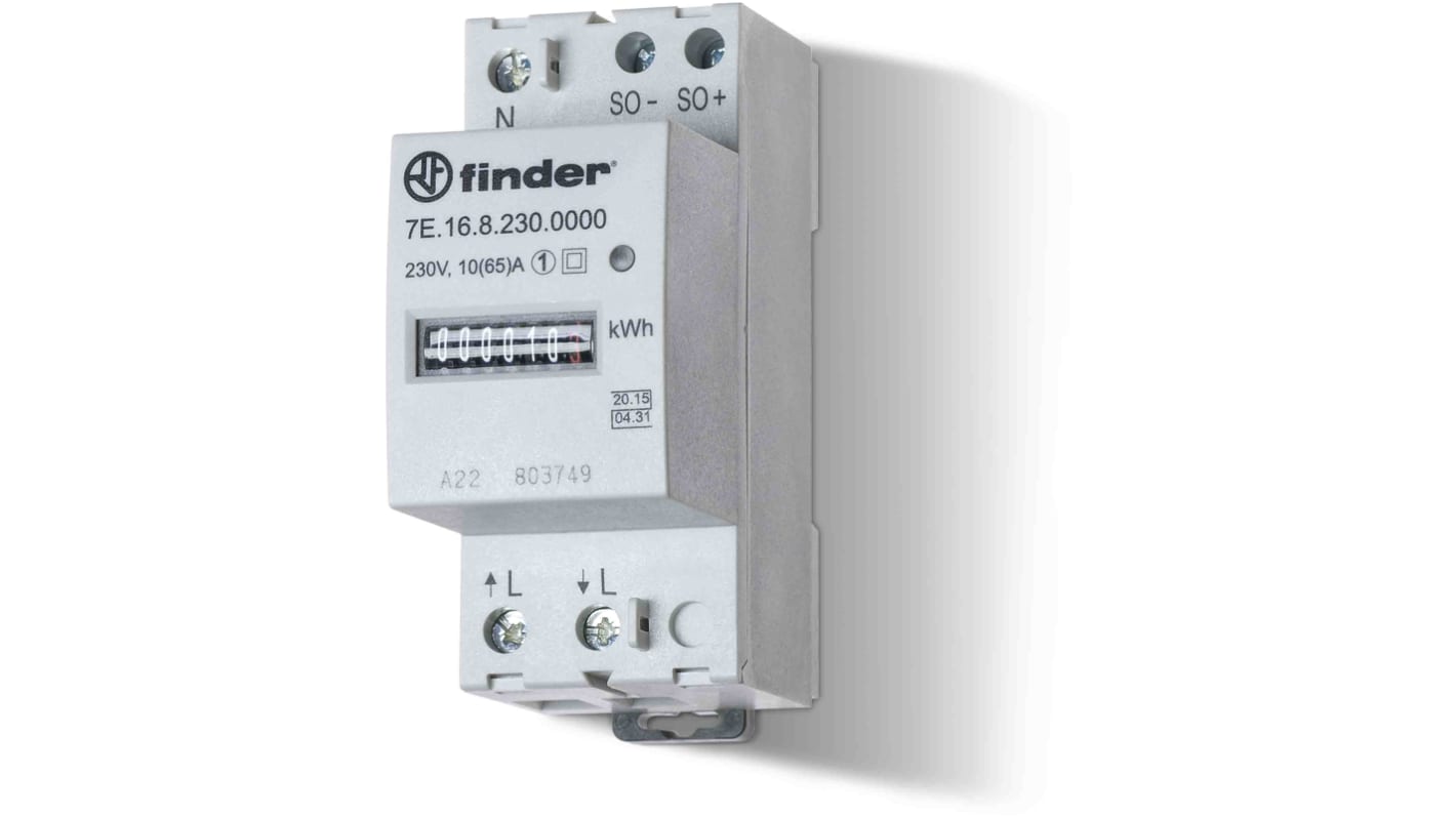 Finder 7E.64.8.230.0010, contatore di energia monofase LCD, montaggio su guida 35 mm, dimensioni 90.4 x 18 x 65.2 mm.