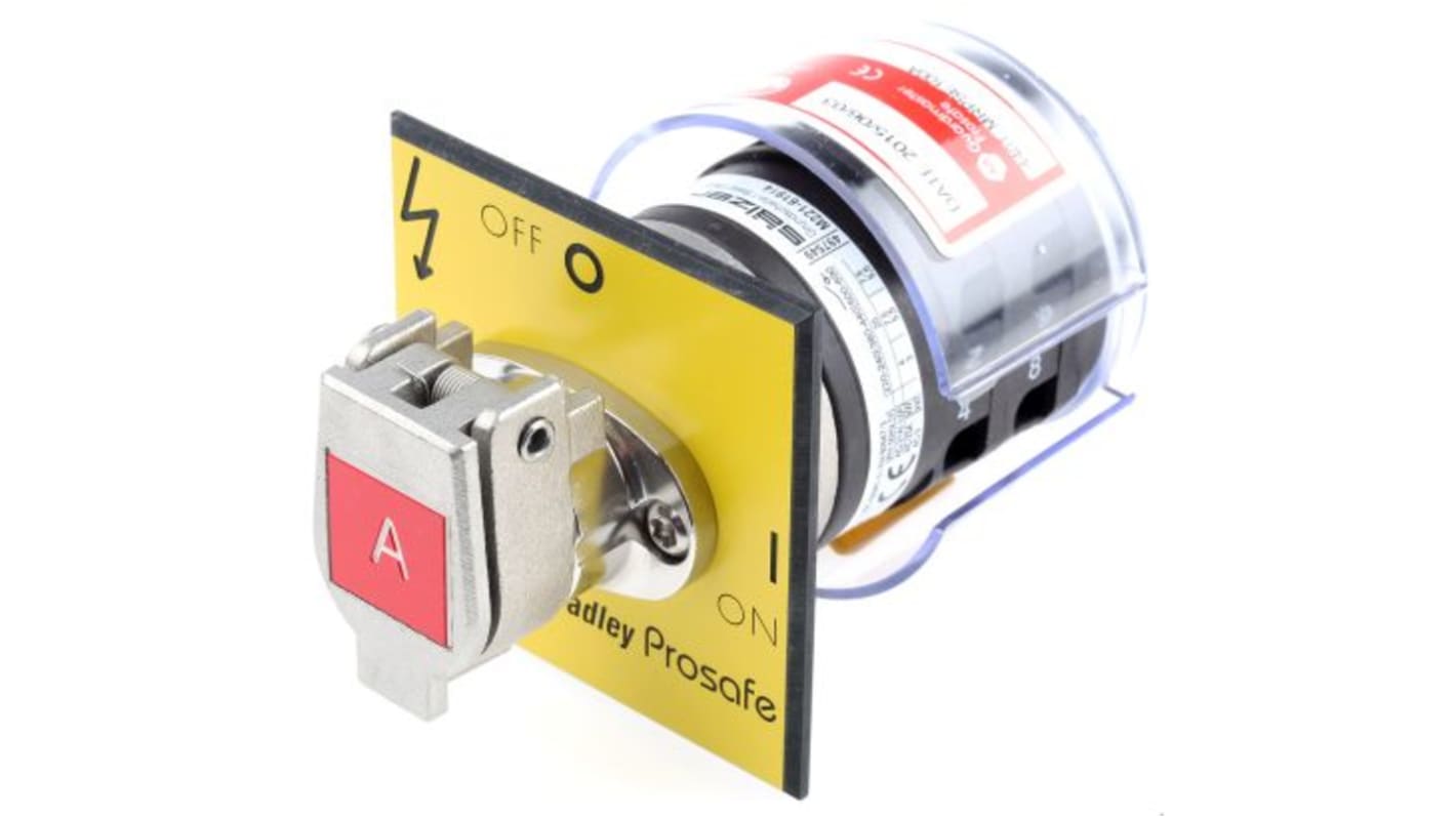 Interruttore di interblocco di sicurezza Allen Bradley Guardmaster 440T-MRPSE110D, con 2 contatti normalmente aperti e 2 chiusi, montaggio su pannello, dimensioni 64mm x 64mm x 110mm.