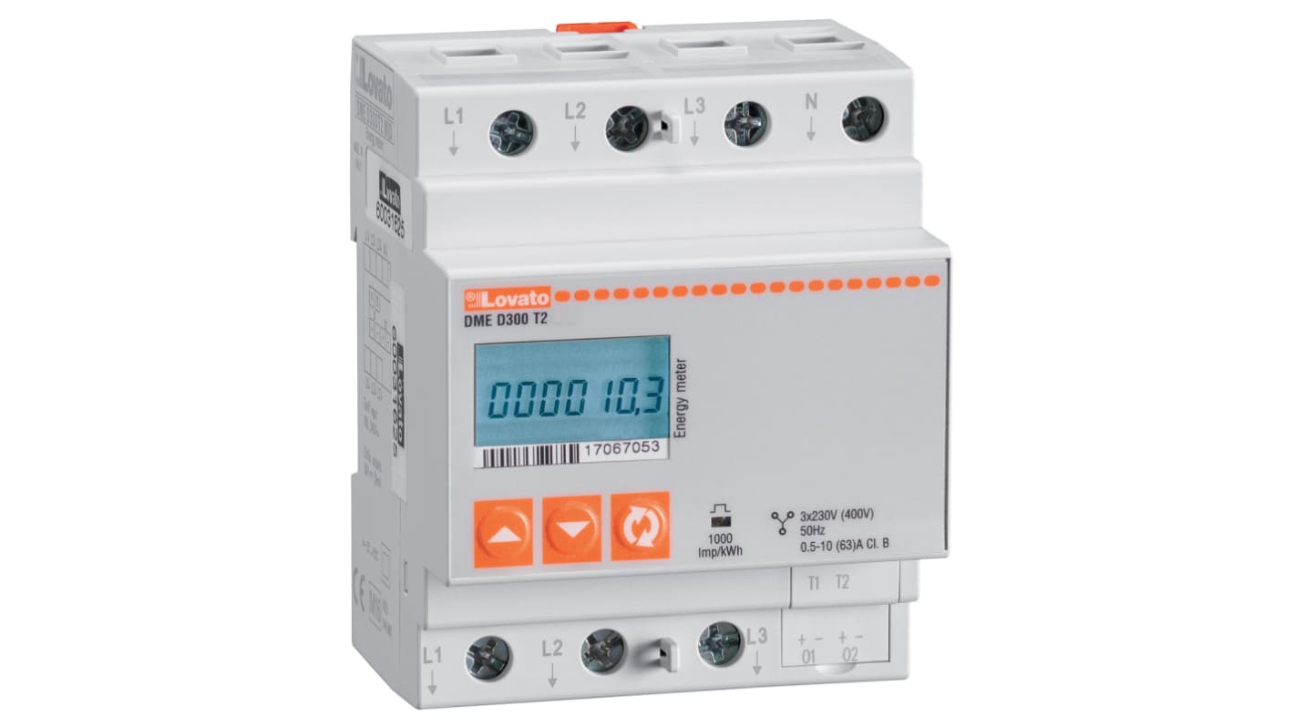 Contatore di energia trifase Lovato DMED300T2, display LCD 6+1 cifre, collegamento diretto fino a 80 A, contenitore 4U.