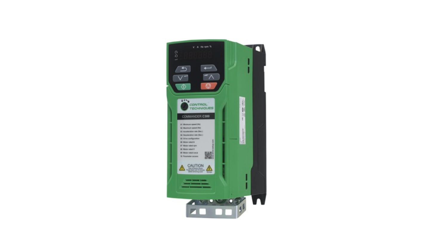 Control Techniques C300-02400032, inverter 3 fasi 1,1 kW, montaggio a pannello, dimensioni 150x205x75 mm, IP20.
