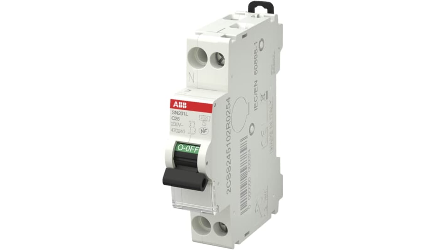 Interruttore magnetotermico ABB 470240, 1P+N, 25A, Tipo C, montaggio su guida DIN, dimensioni 69mm x 85mm x 18mm.