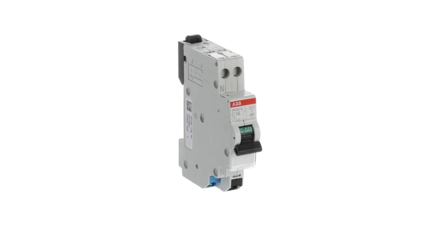 Interruttore magnetotermico ABB Tipo C, 1P+N 16A, montaggio su guida DIN, dimensioni 69mm x 18mm x 85mm.