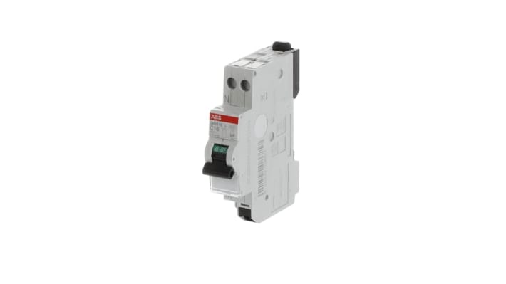 Interruttore magnetotermico ABB Tipo C, 1P+N 16A, montaggio su guida DIN, dimensioni 69mm x 18mm x 85mm.