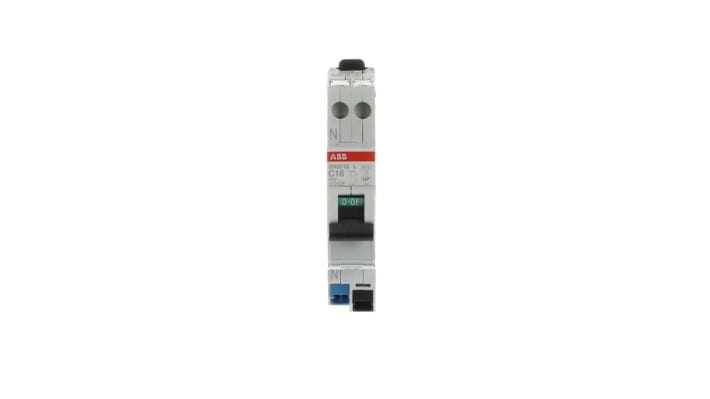 Interruttore magnetotermico ABB Tipo C, 1P+N 16A, montaggio su guida DIN, dimensioni 69mm x 18mm x 85mm.