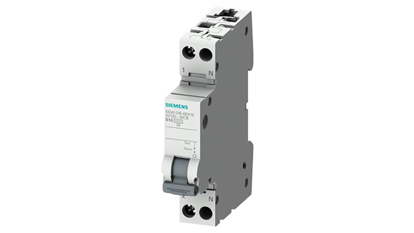 Interruttore di sicurezza antincendio Siemens 5SV6016-6KK20, 2P 20A, montaggio su guida DIN, dimensioni 90x18x68.5mm.