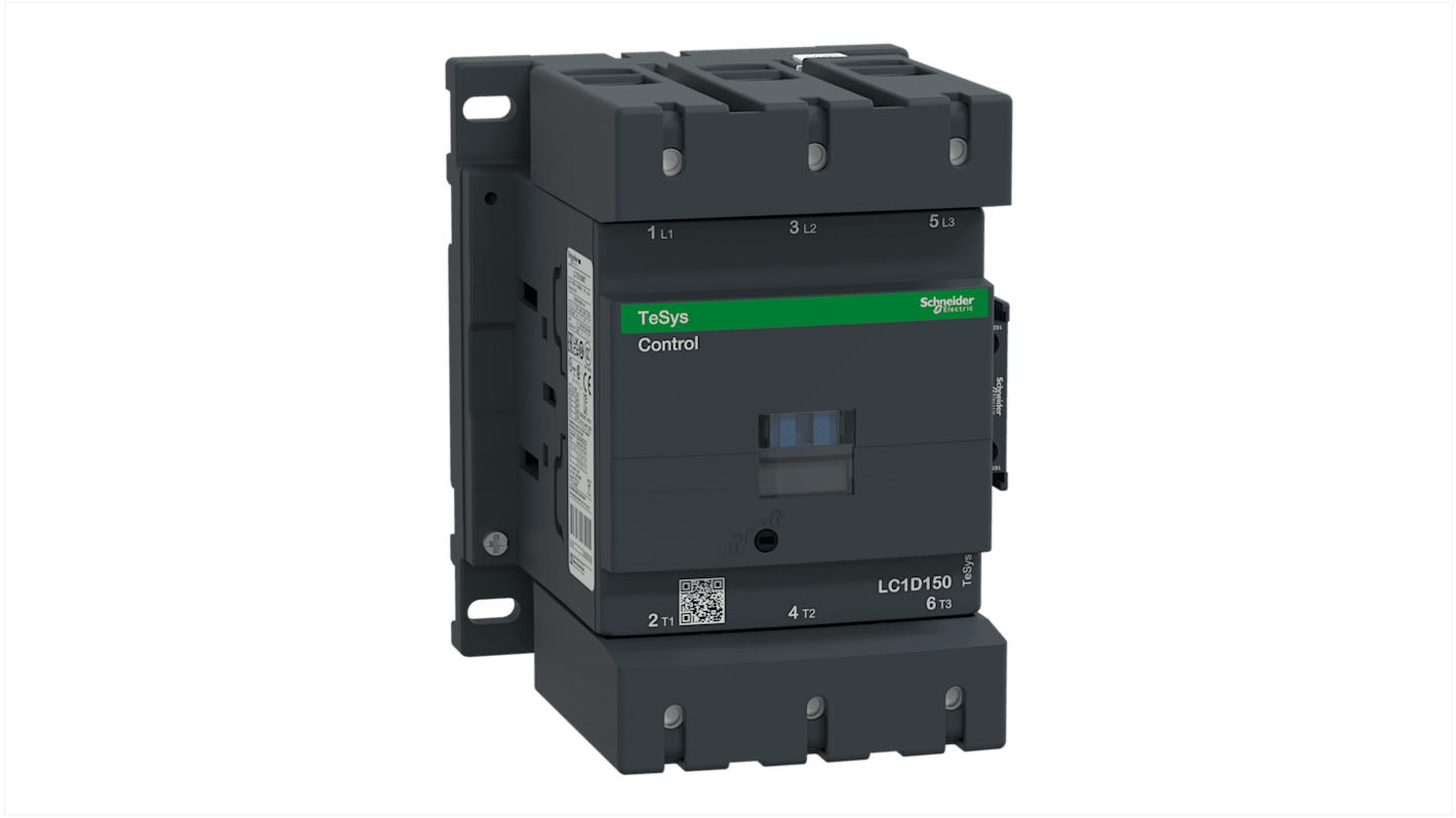 Contattore Schneider Electric LC1D150M7, 3 poli, 75kW, 220V c.a. per motori pesanti. Fusibili integrati e montaggio su guida DIN.
