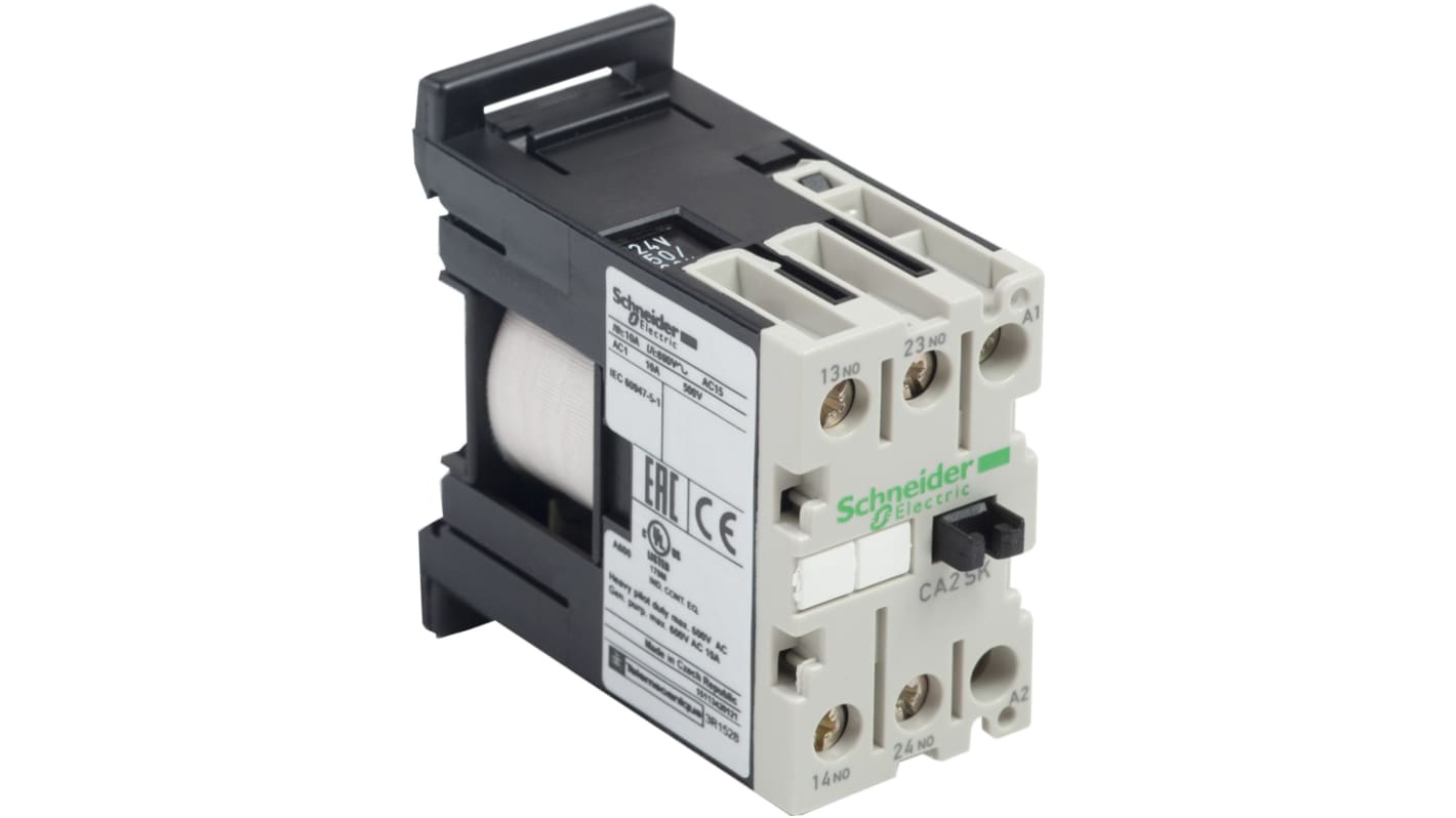 Relè di controllo Schneider Electric CA2SK20P7, 2 contatti NA, montaggio su guida DIN, dimensioni 27x56x55,5 mm.