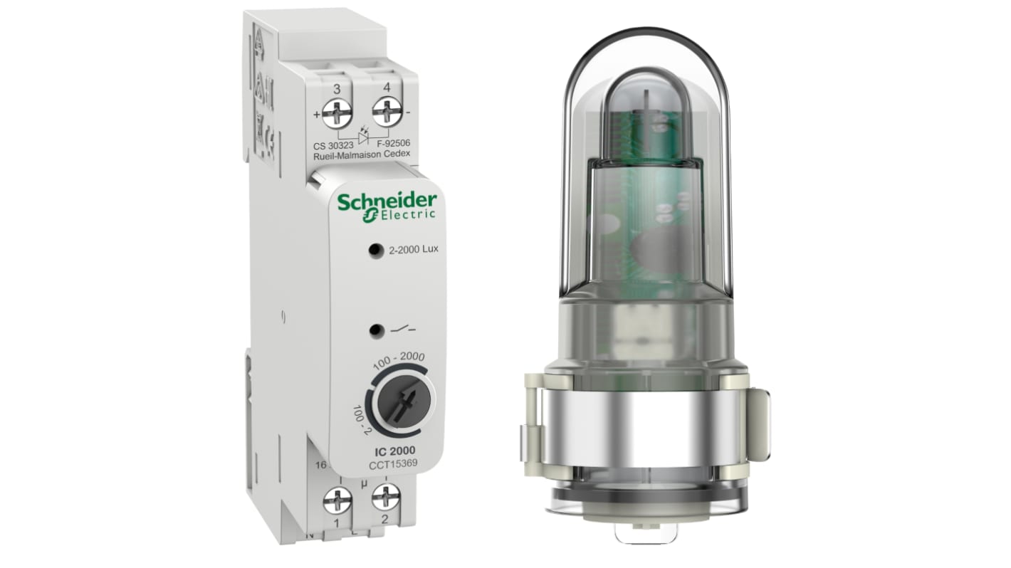 Interruttore crepuscolare regolabile Schneider Electric CCT15369 - 230V c.a., 1NO. Sensore luce, timer, IP55. Ideale per giardini e uffici.