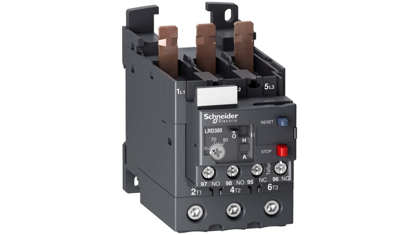 Relè di sovraccarico termico Schneider Electric LRD380, 1 NO + 1 NC, montaggio su contattori, dimensioni 123x70x55 mm.