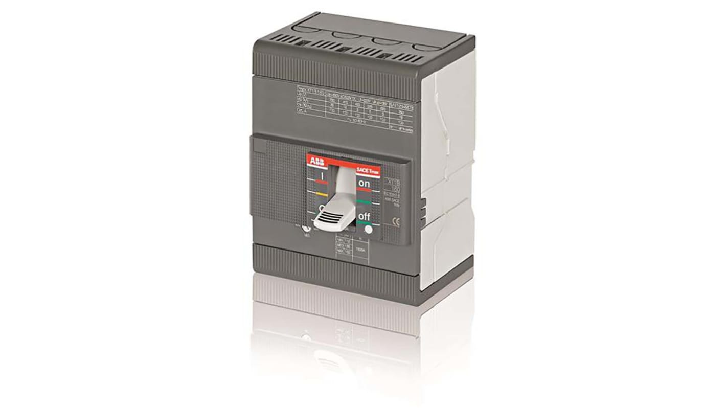 Interruttore magnetotermico 4 poli ABB 66821, 160A, 690V, capacità di rottura 25 kA, dimensioni 70mm x 101.6mm x 130mm.