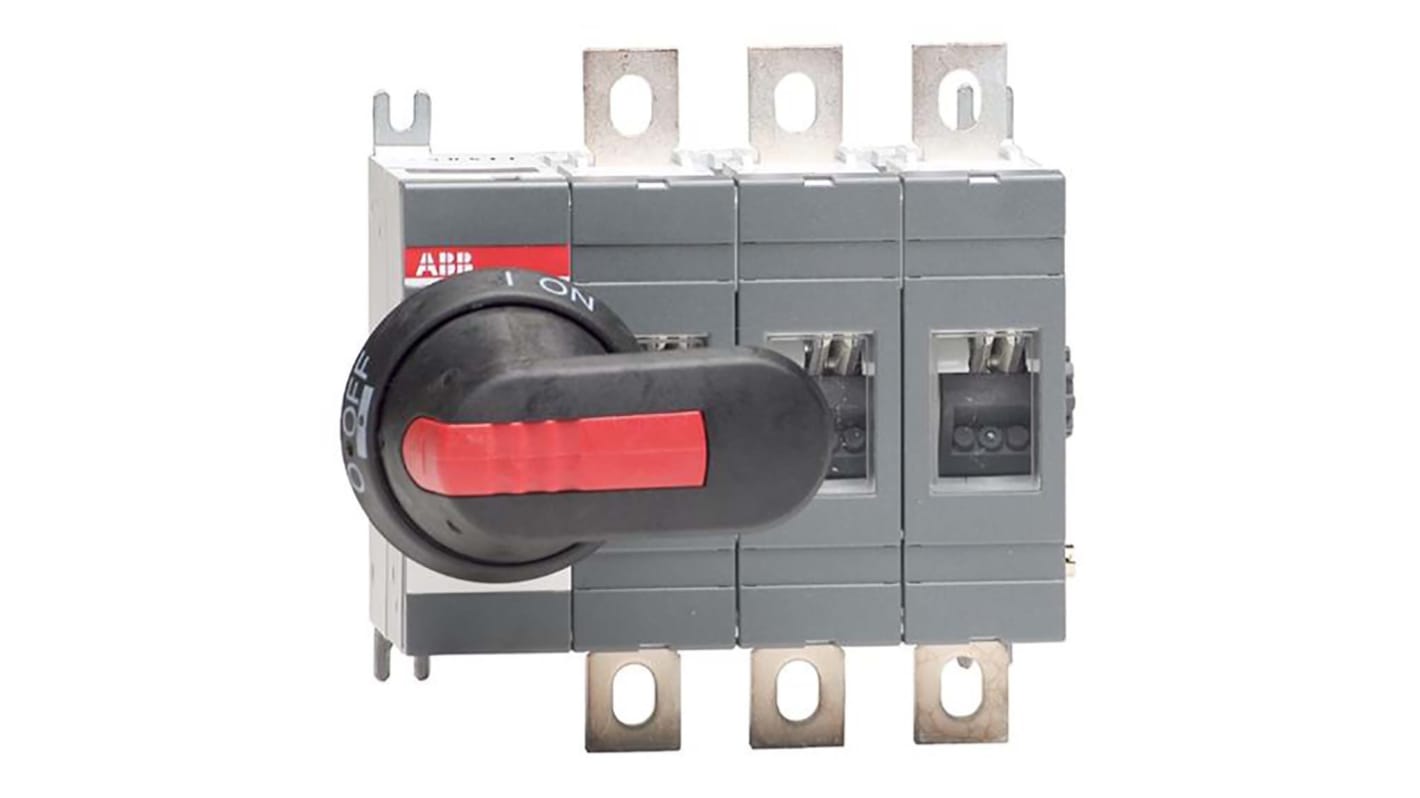 Interruttore di isolamento ABB 3 poli, 1000V, 200A, IP65, montaggio su base, impugnatura nera, codice 1SCA022712R0800.