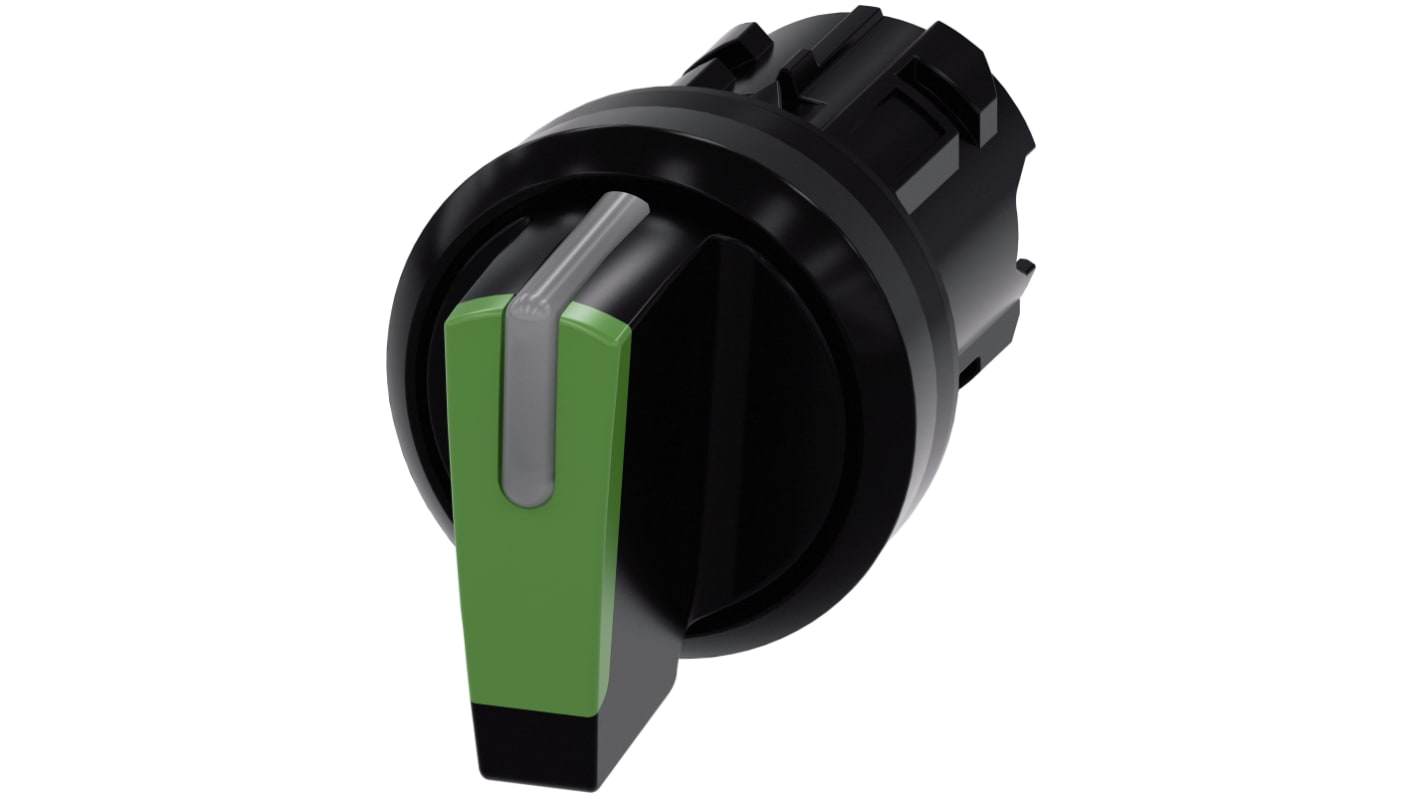 Selettore SIRIUS ACT Siemens 3 posizioni, diametro foro 22 mm, plastica verde, attivazione stabile, grado di protezione IP66/IP67/IP69K. Installazione snap-on per ambienti industriali.