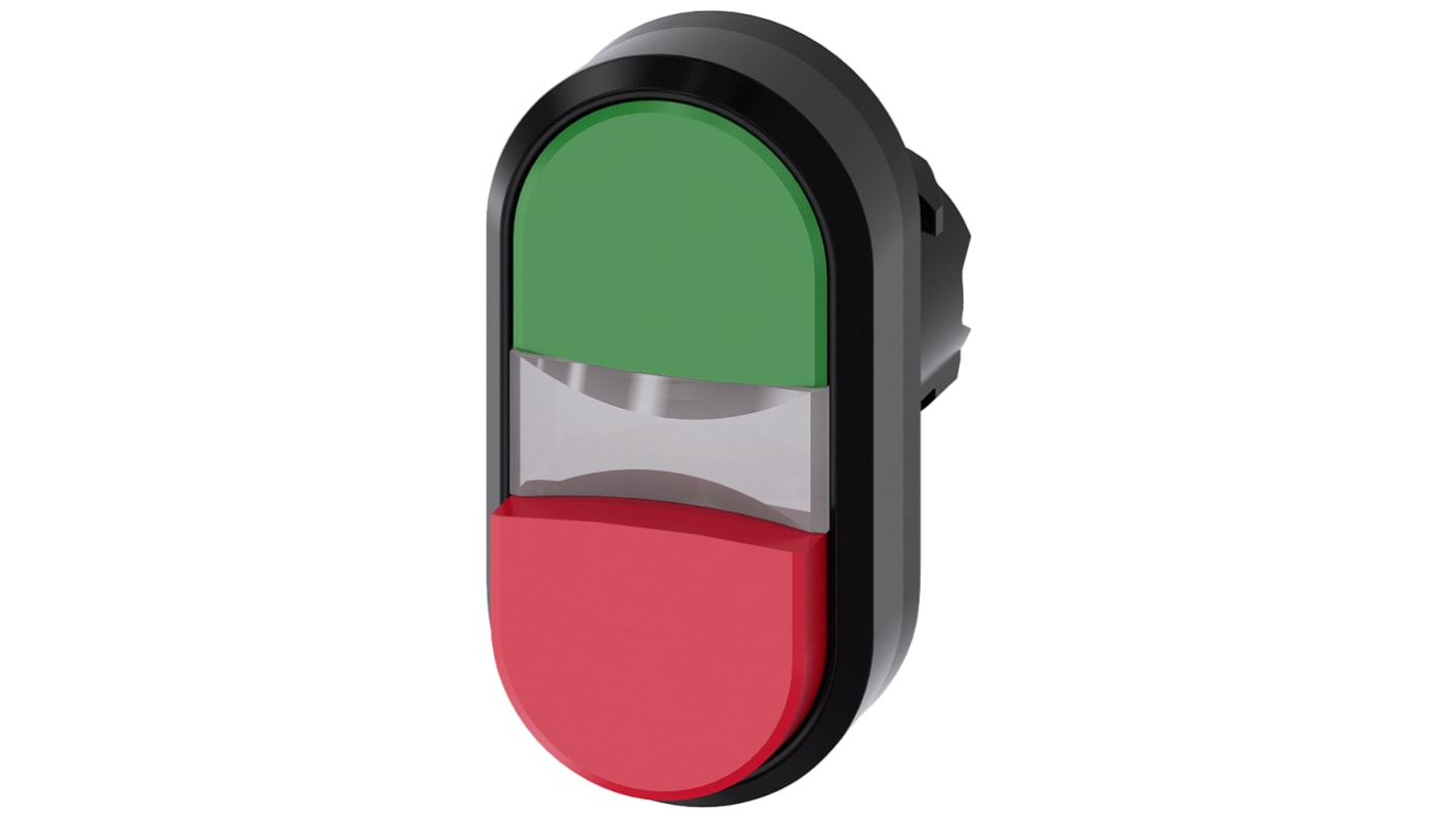 Pulsante doppio 22mm Siemens 3SU1000-3BB42-0AA0, plastica resistente verde/rosso, IP66/67/69K. Ideale per ambienti industriali.