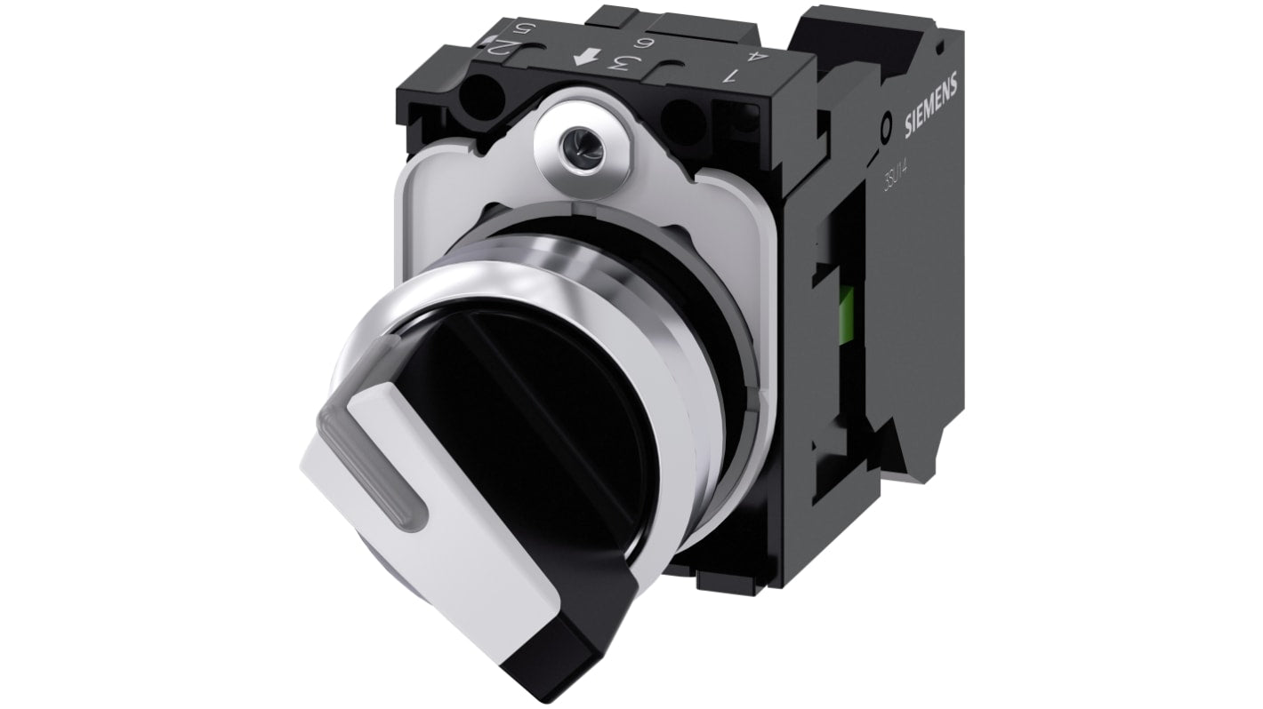 Selettore a 2 posizioni Siemens 3SU1150-2BF60-3BA0, IP66/IP67/IP69K, corrente 10A, installazione snap-on, illuminato.