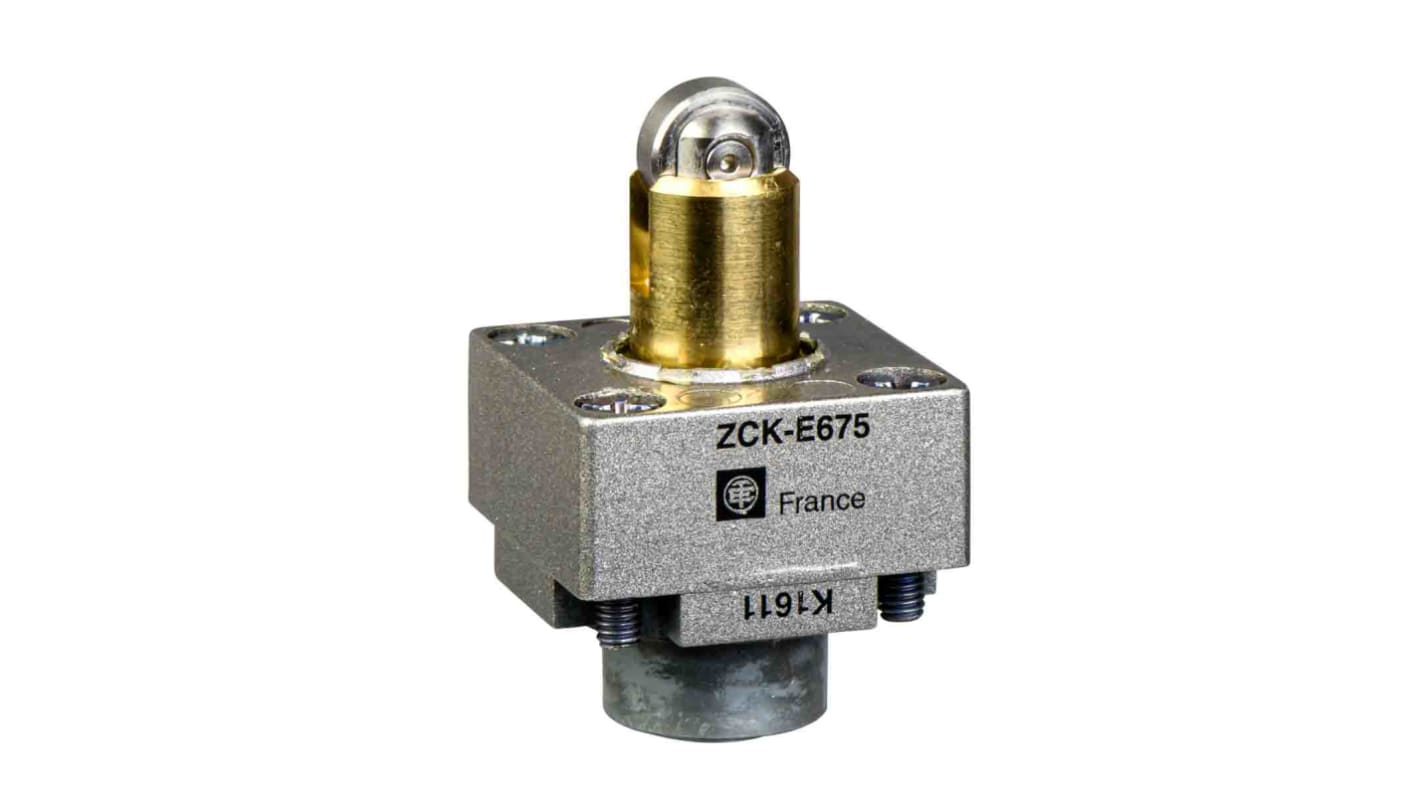 Interruttore di fine corsa Telemecanique Sensors ZCKE675, testa con pistone in acciaio, operante fino a 120°C, per applicazioni industriali.