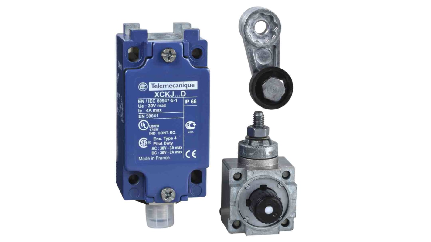 Interruttore di fine corsa a rullo Telemecanique Sensors XCKJ10511D, 1NC/1NA, IP66, dimensioni 40mm x 62mm x 145mm.