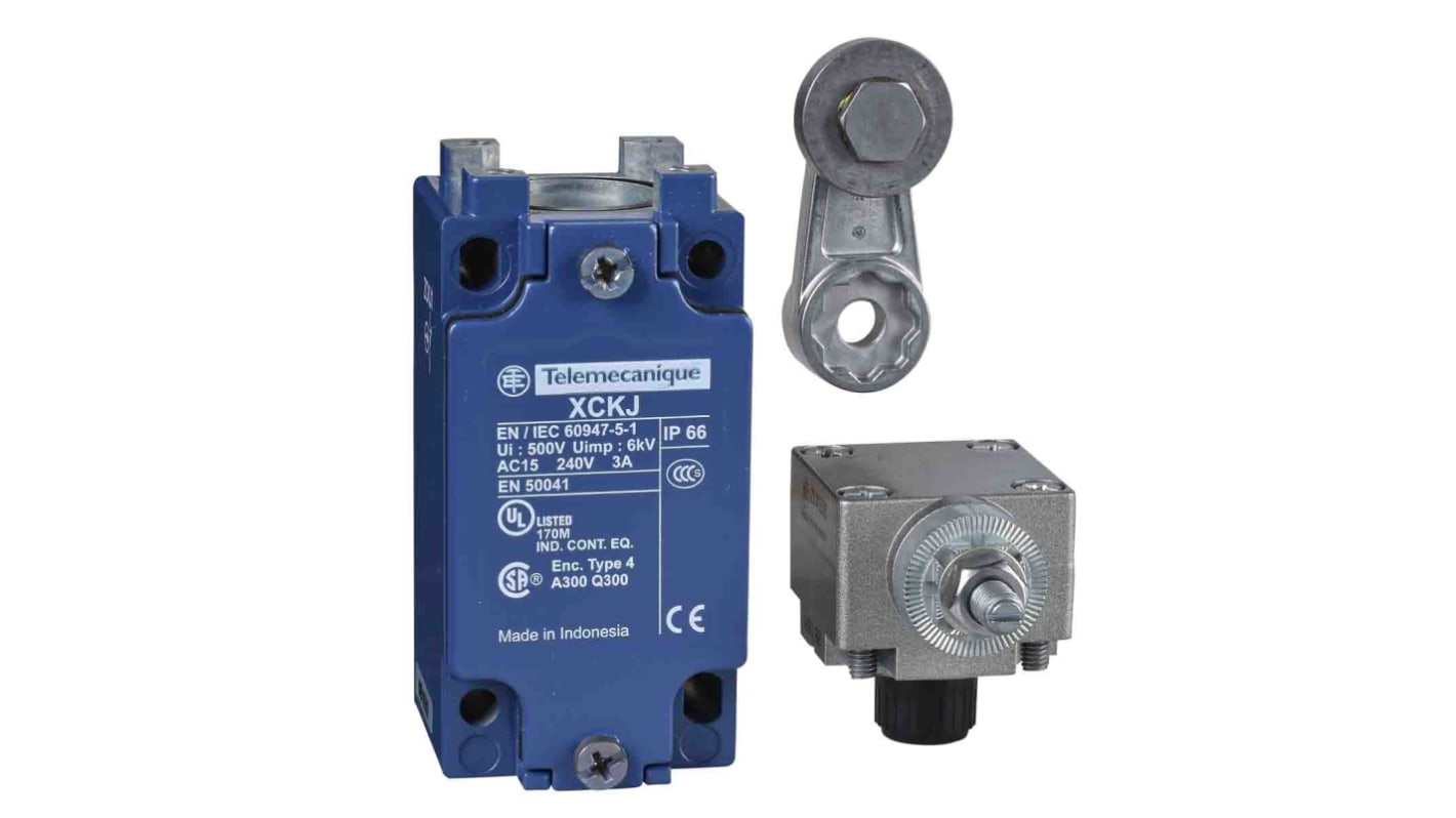 Interruttore di fine corsa a rullo Telemecanique Sensors XCKJ10513H7, IP66, 1NC/1NA, dimensioni 40x62x133 mm, durata 30 milioni di cicli.
