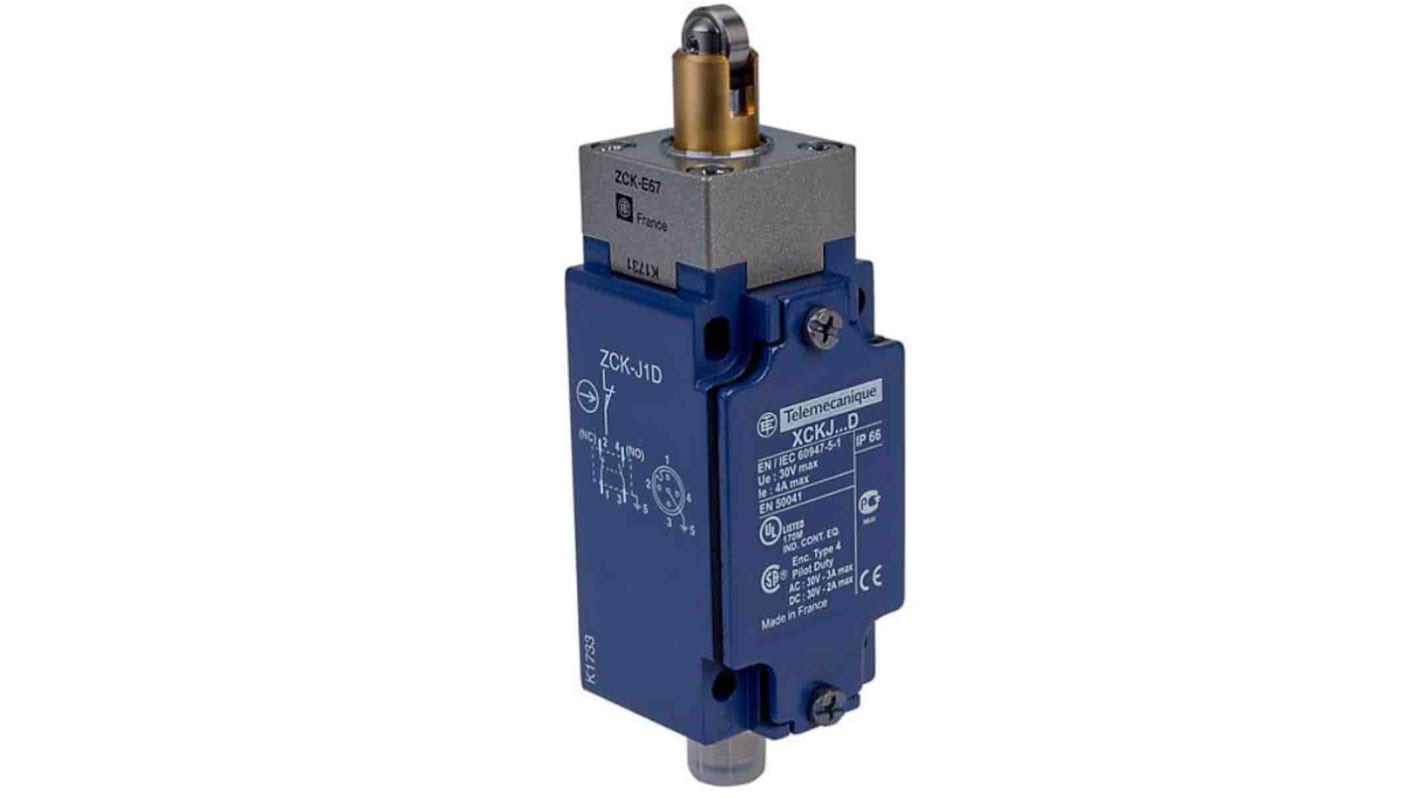 Interruttore di fine corsa Telemecanique Sensors XCKJ167D, tasto a rotella, IP66, 3A, 50V, dimensioni 40mm x 44mm x 120mm.