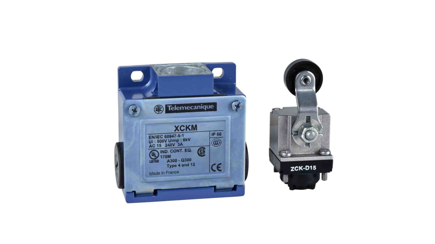 Interruttore di fine corsa a leva a rullo Telemecanique Sensors XCKM515H29, 1NC/1NA, IP66, dimensioni 64mm x 34mm x 119mm.