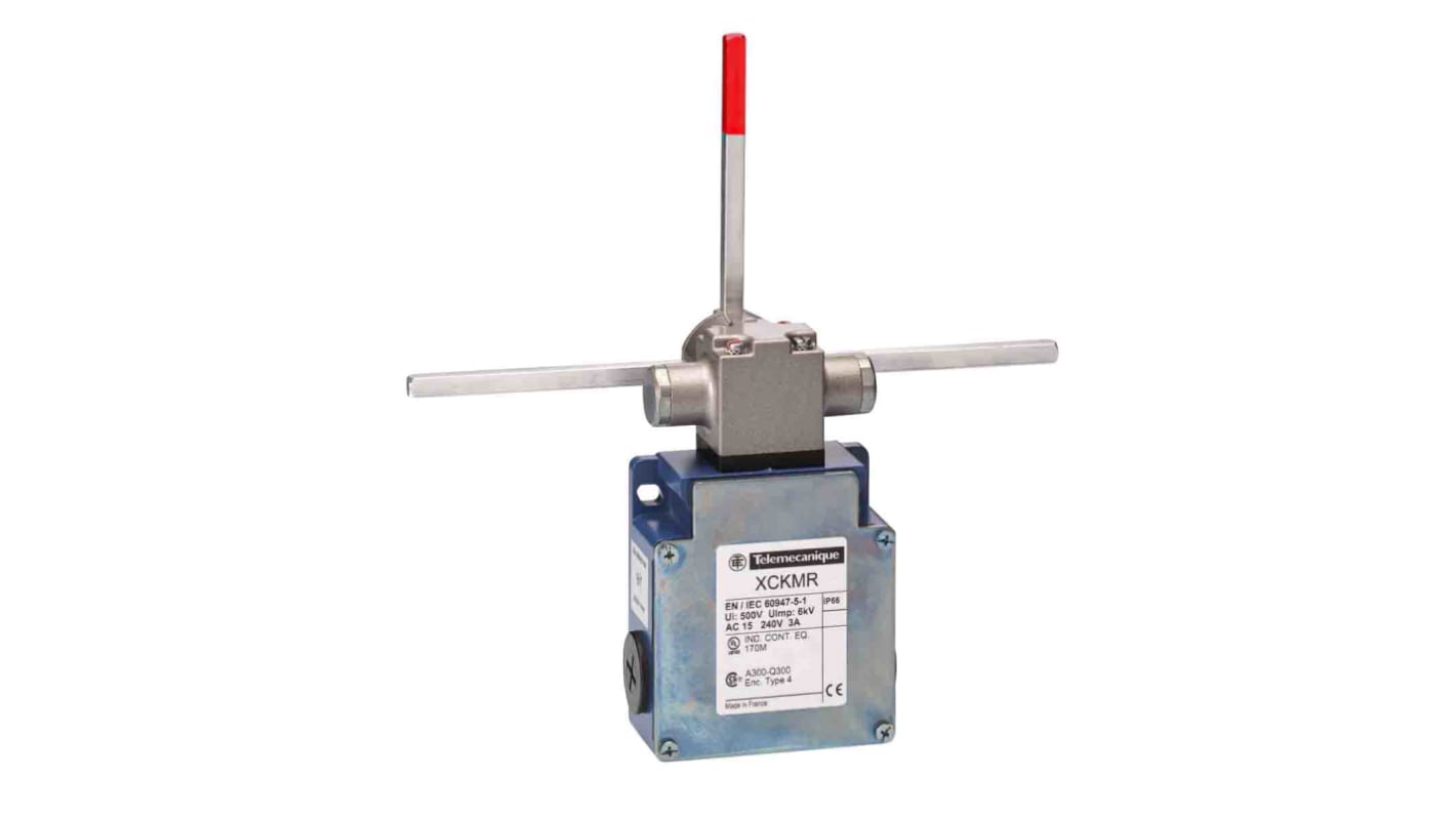 Interruttore di fine corsa leva Telemecanique Sensors XCKMR54D2H29, IP66, 10A, 240V AC, dimensioni 200mm x 59mm x 118mm.