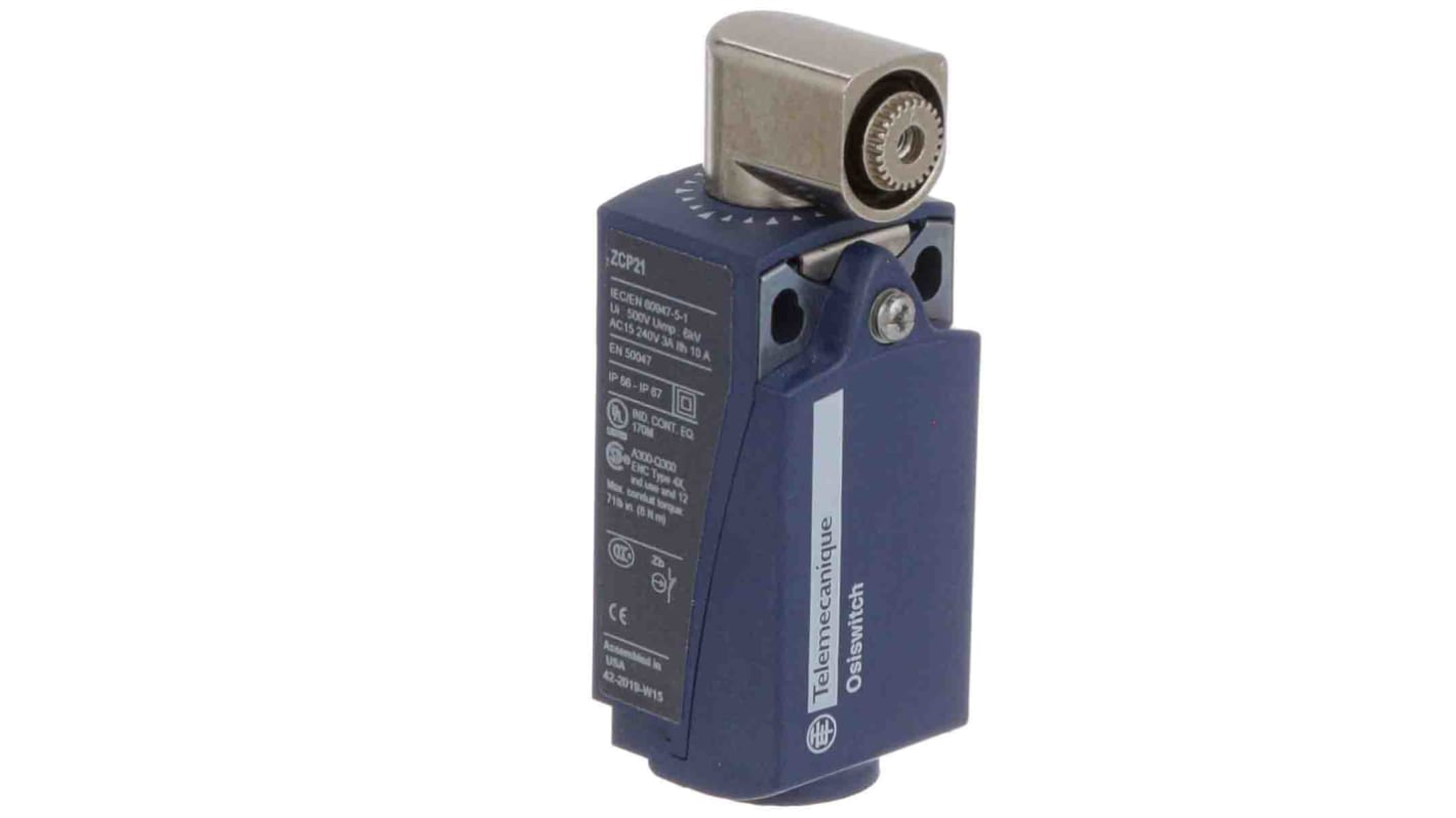 Interruttore di fine corsa Leva Telemecanique Sensors XCKP2101G11, 1NC/1NA, 240V, 10A, testa rotante, dimensioni 31mm x 30mm x 65mm.