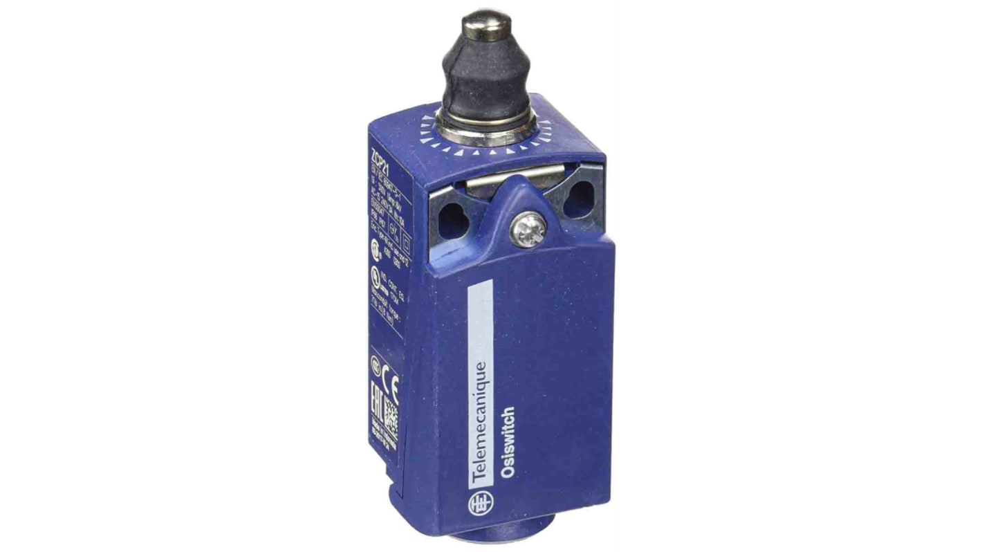 Interruttore di fine corsa Telemecanique Sensors XCKP2111P16, stantuffo metallico, IP66/IP67, 10A, 240V AC, dimensioni 31x30x65mm.