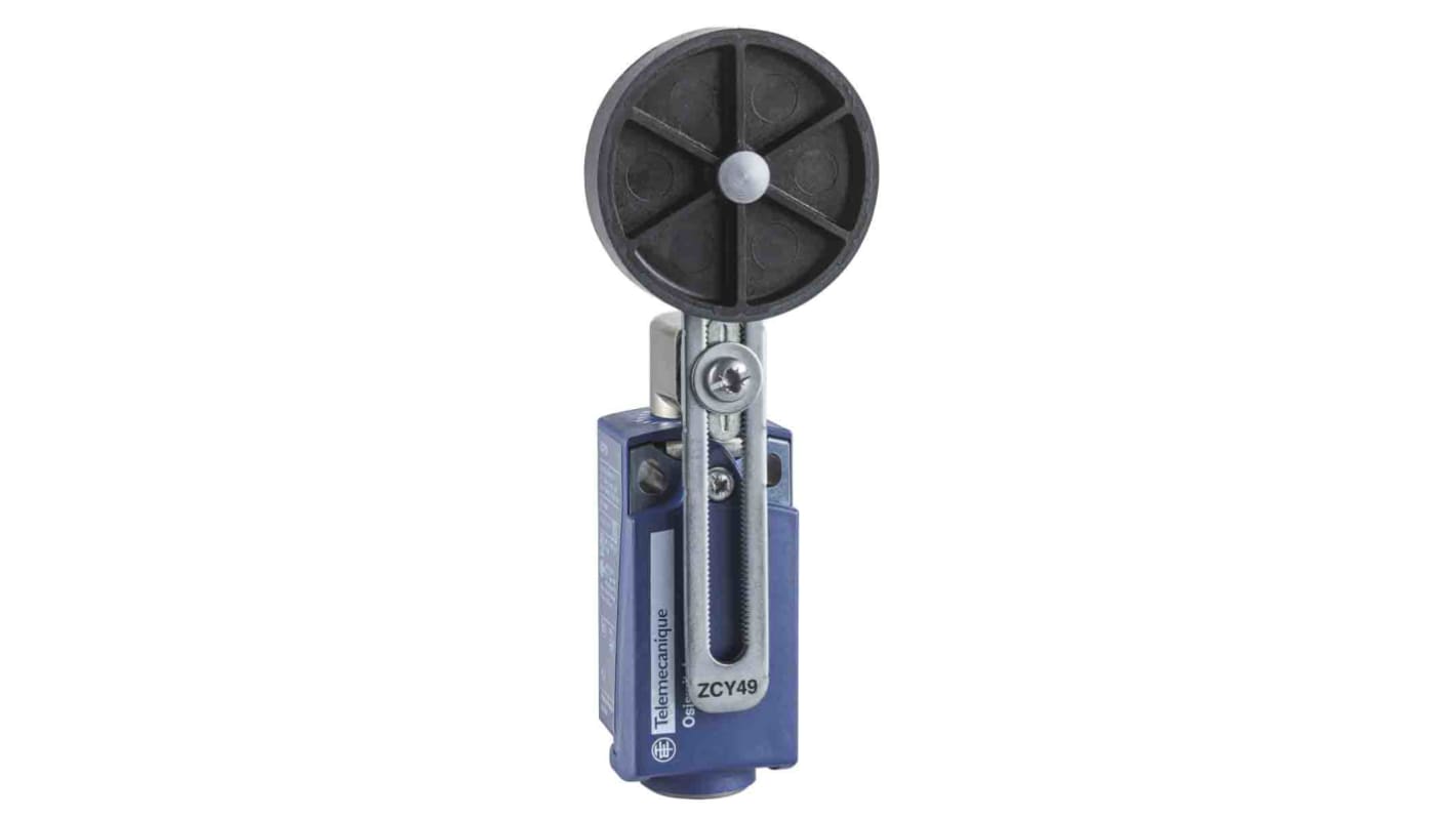 Interruttore di fine corsa a rullo Telemecanique Sensors XCKP2149P16, 1NC/1NA, IP66/IP67, dimensioni 31mm x 30mm x 65mm.