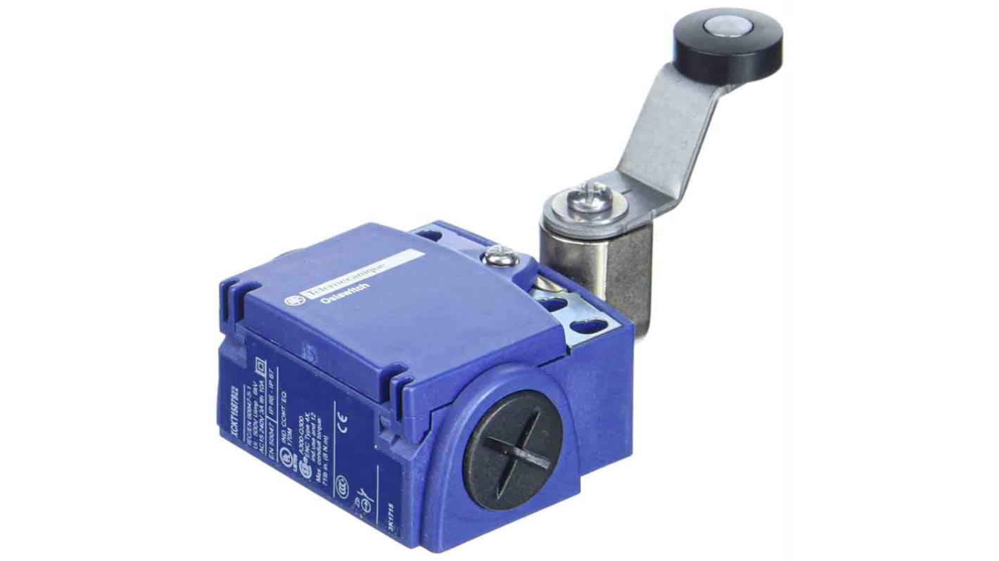 Interruttore di fine corsa Telemecanique XCKT1587922 con tasto a rotella, 1NC/1NA, 240V, 10A, IP66/IP67. Ideale per applicazioni industriali.