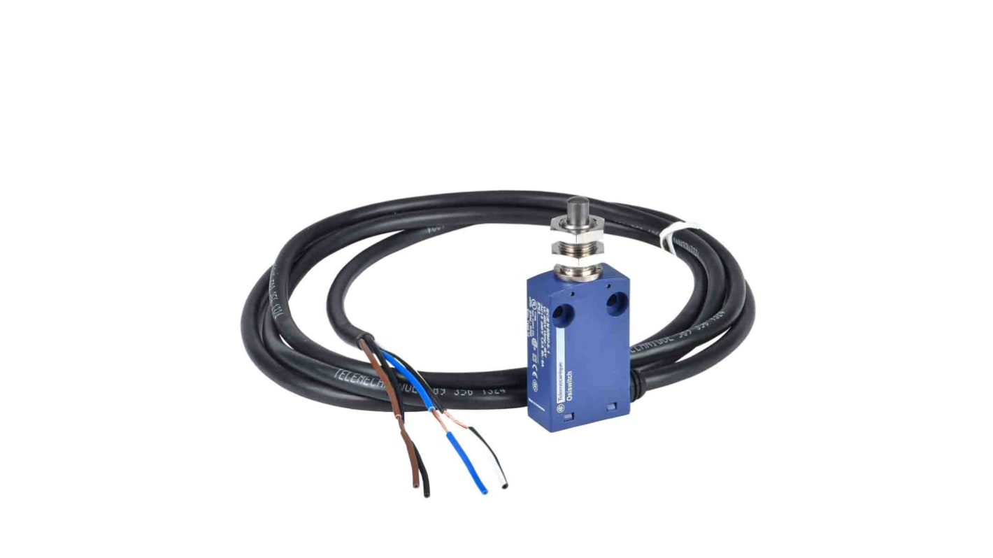 Interruttore di fine corsa Telemecanique Sensors XCMN21F0L2, stantuffo, 1NC/1NA, IP65, montaggio a pannello, dimensioni 30mm x 16mm x 76mm.