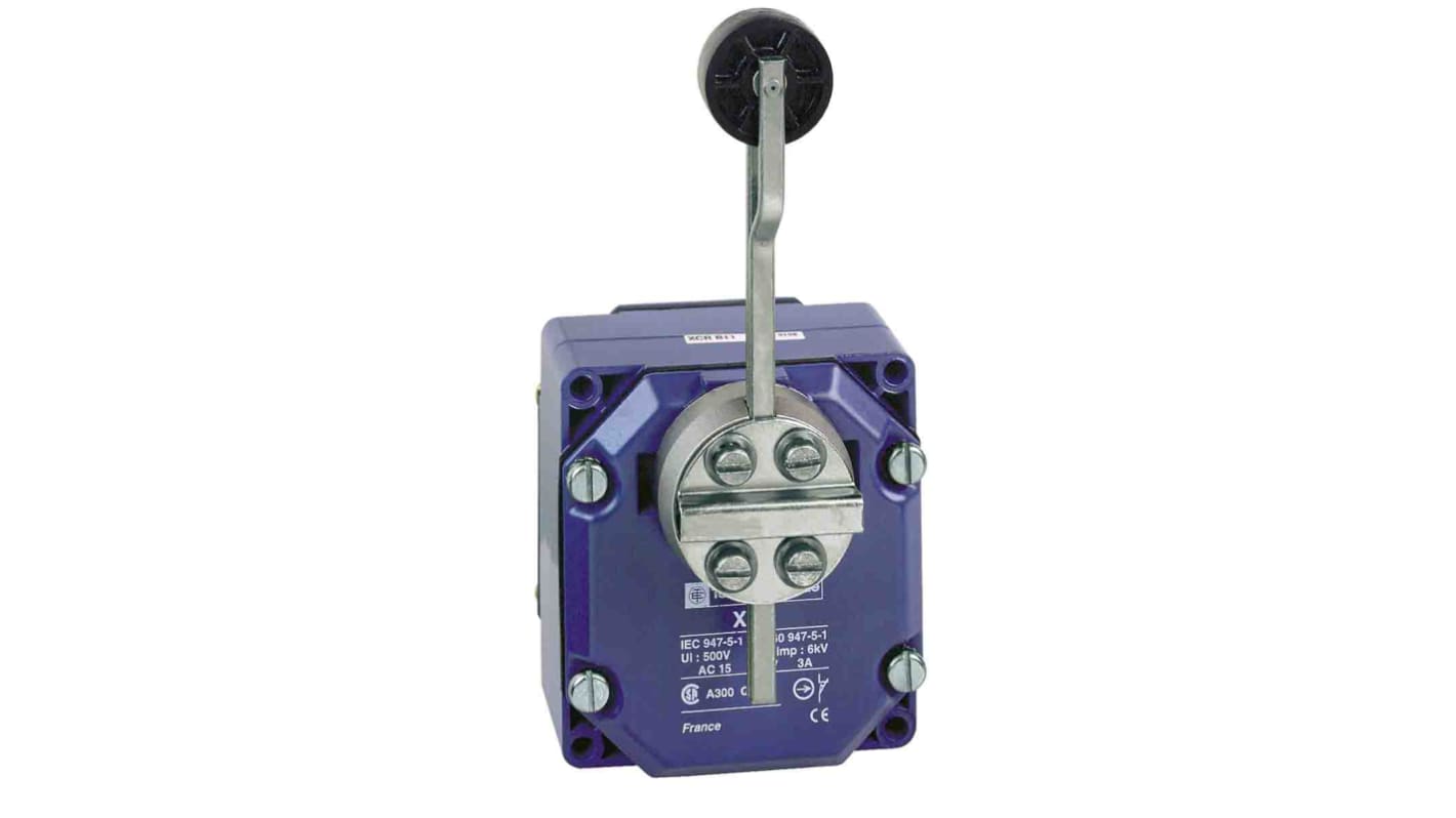 Interruttore di fine corsa a leva a rullo Telemecanique Sensors XCRA12, 2NA e 2NC, protezione IP54, dimensioni 85mm x 75mm x 95mm.
