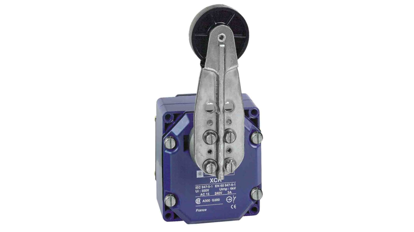 Interruttore di fine corsa a leva a rullo Telemecanique Sensors XCRB15, 2NA e 2NC, protezione IP54, dimensioni 85mm x 75mm x 95mm.