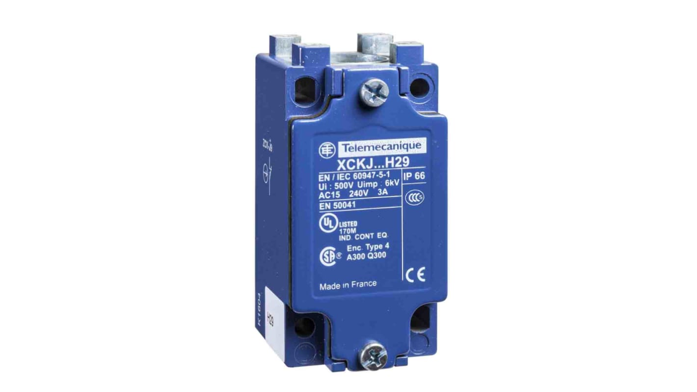 Interruttore di fine corsa Telemecanique Sensors ZCKJ9H29, corpo metallico, 2NC, protezione IP66, dimensioni 40mm x 44mm x 77mm.