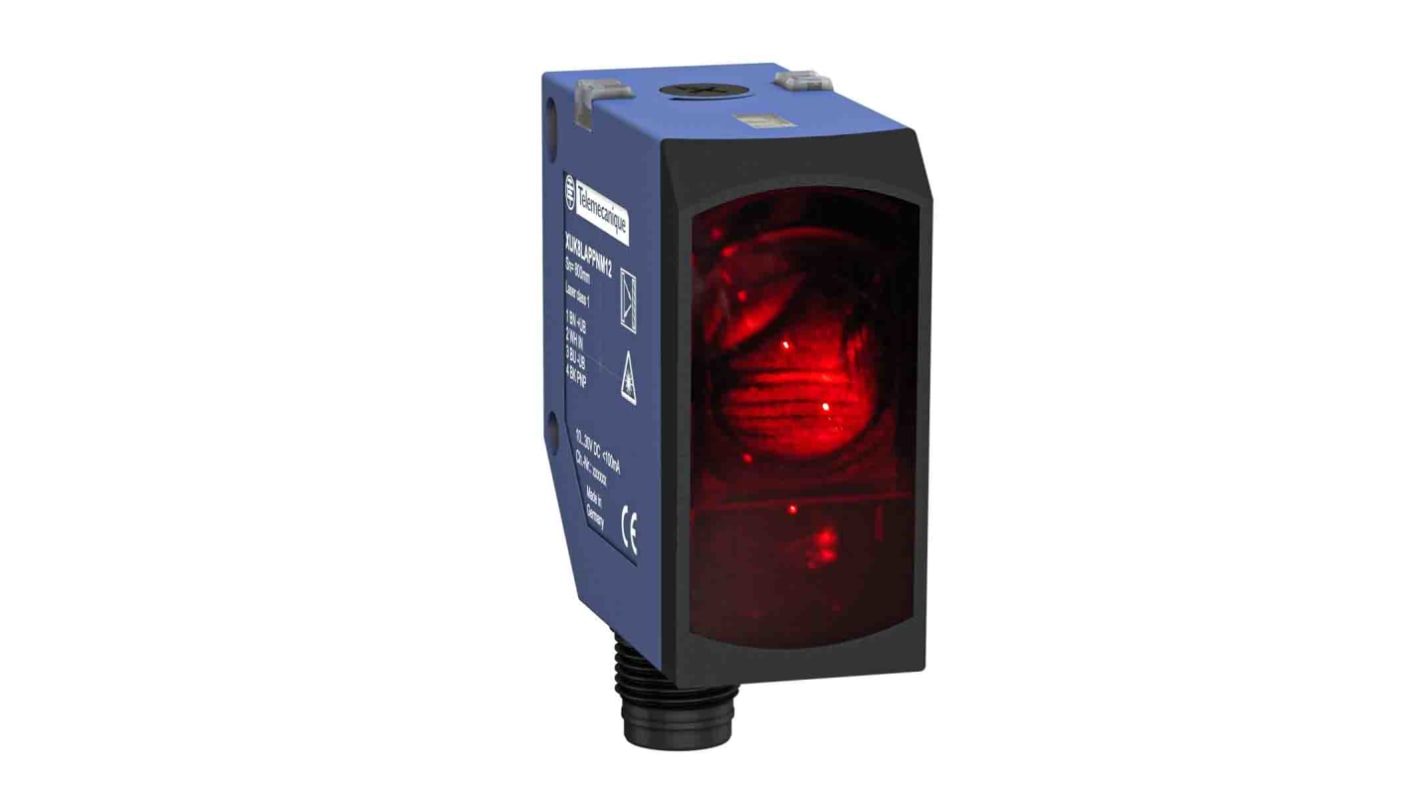 Sensore fotoelettrico Telemecanique Sensors XUK8APSML02M12, compatto con soppressione sfondo, montaggio filettato, IP67/IP69K.