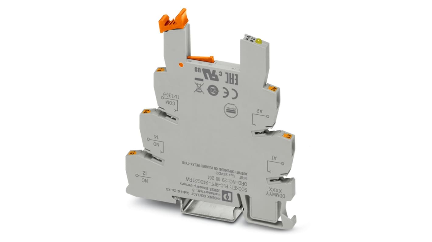 Phoenix Contact, zoccolo PLC-BPT24DC/21RW, terminale morsettiera per applicazioni ferroviarie, montaggio su guida DIN, 6,2 mm di larghezza.
