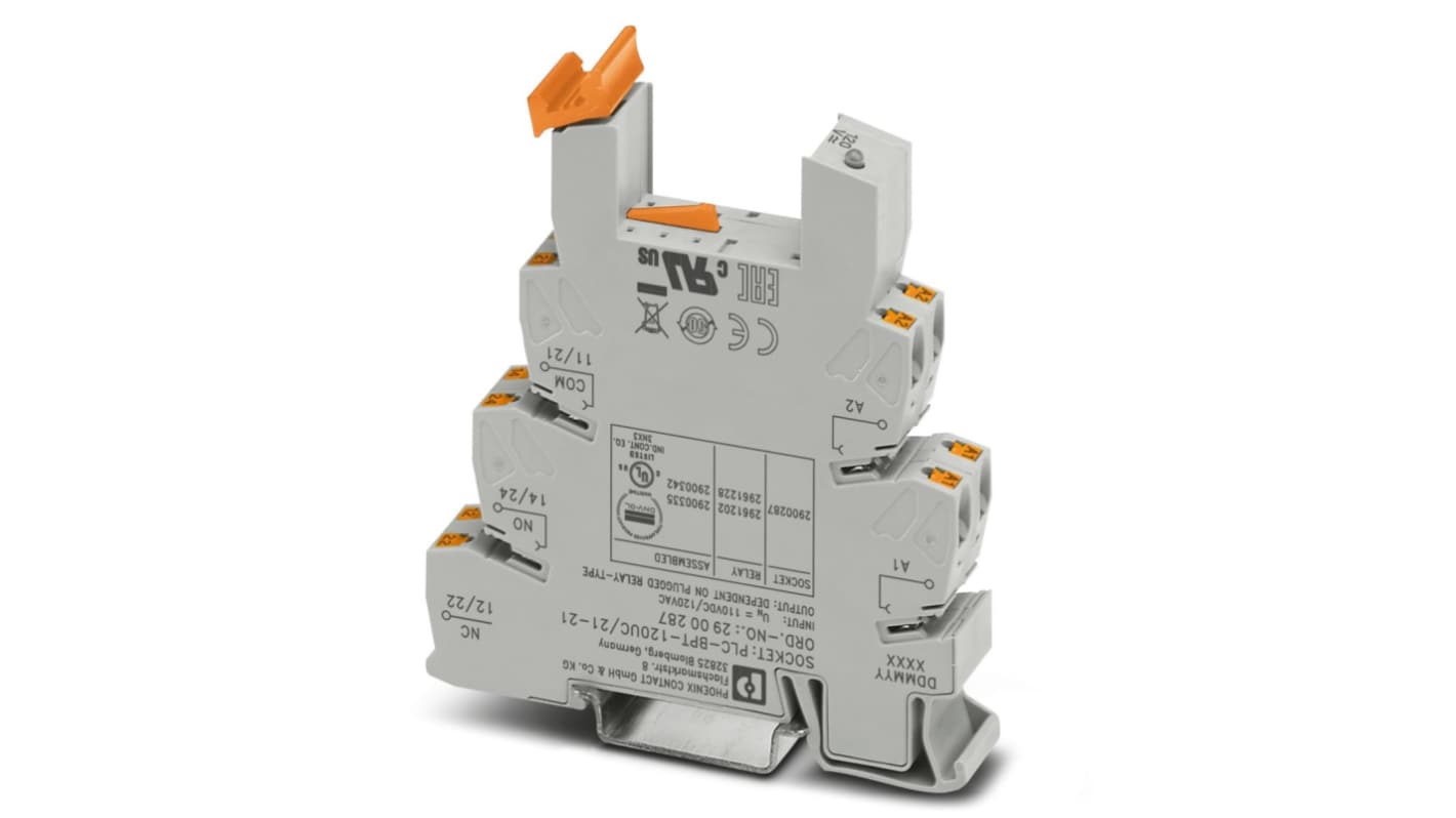 Zoccolo PLC-BPT-120UC Phoenix Contact, terminale morsettiera 14 mm, montaggio su guida DIN, tensione 120 V.