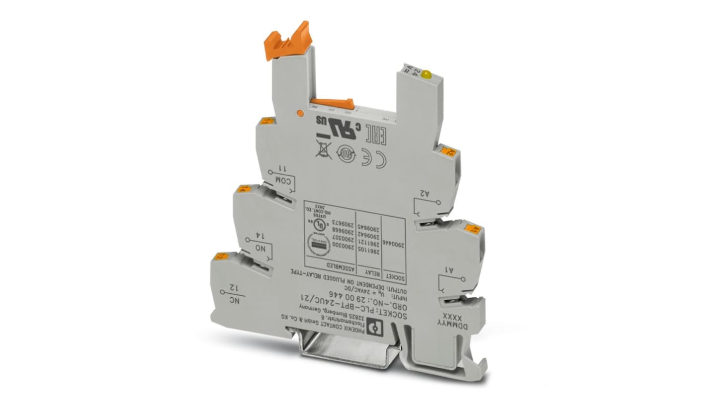 Phoenix Contact, zoccolo PLC-BPT24UC/21, terminale morsettiera 6,2 mm, montaggio su guida DIN, tensione 24 V.
