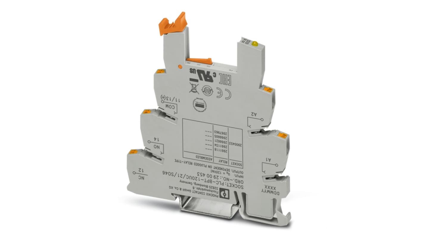 Zoccolo terminale Phoenix Contact 2900453, 6,2 mm, montaggio su guida DIN, tensione 120 V c.a., filtro RCZ integrato.