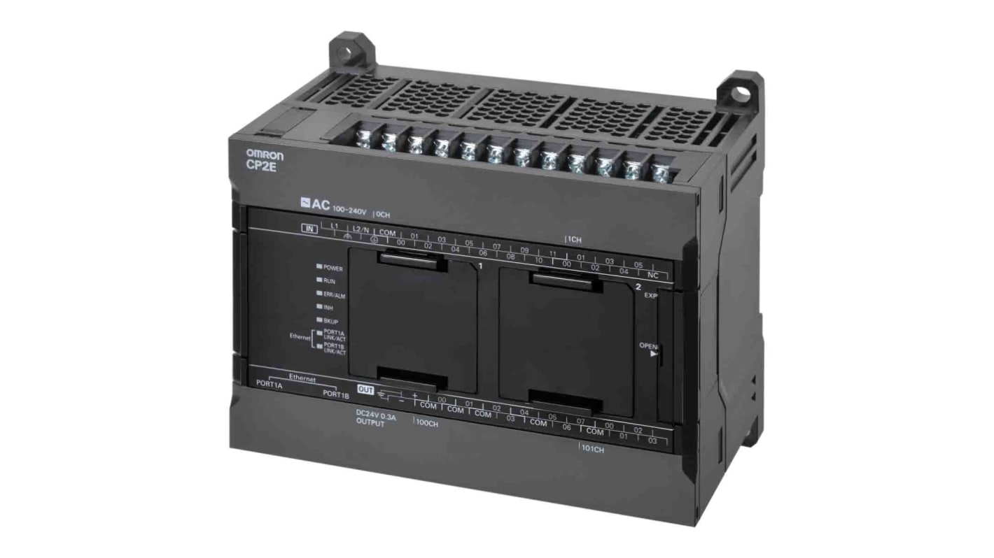Omron CP2E-N30DR-D, CPU PLC compatto con 18 ingressi digitali, 12 uscite relè, montaggio a pannello, dimensioni 130 x 80 x 110 mm.